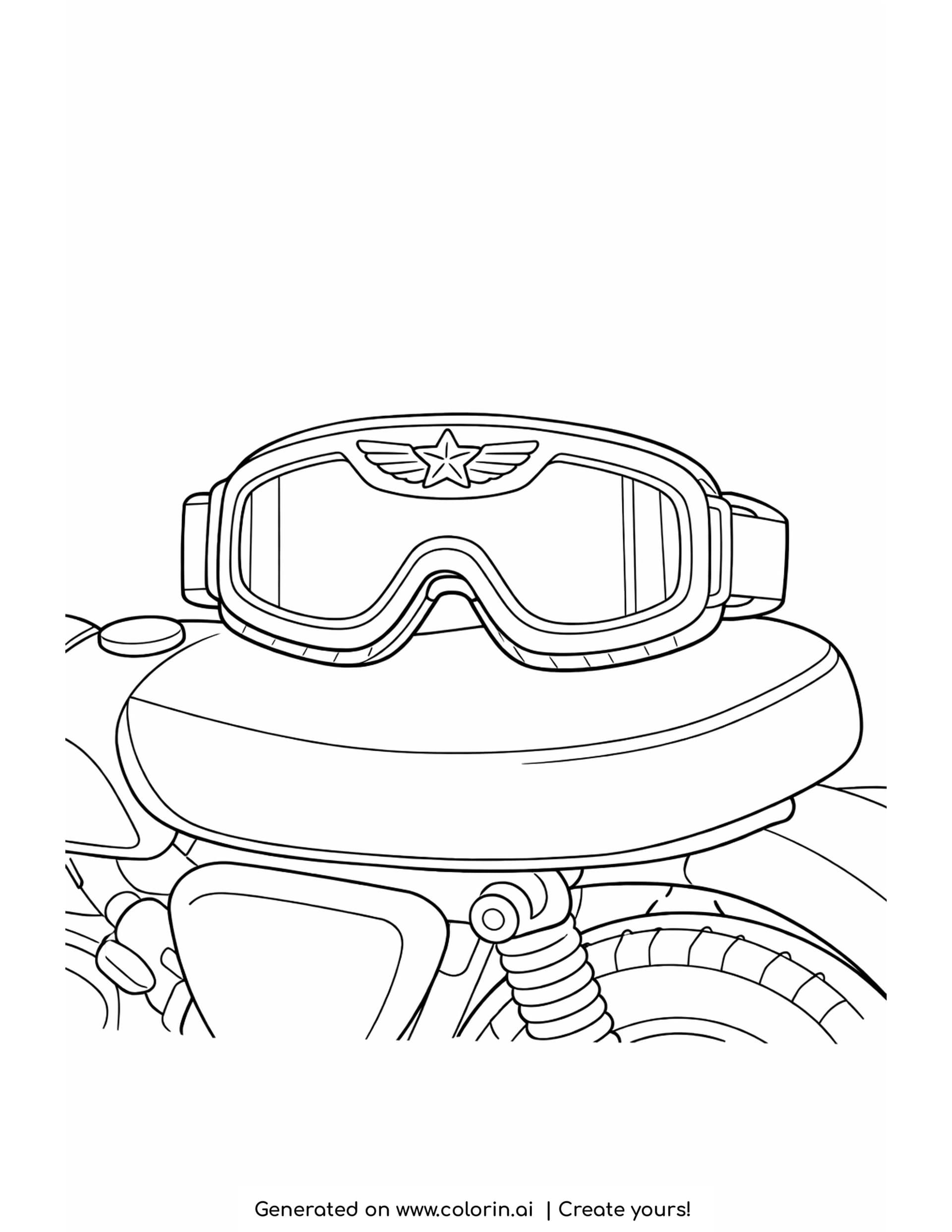 goggles coloring pages - bold pair of riding goggles with a wide strap resting on a motorcycle seat