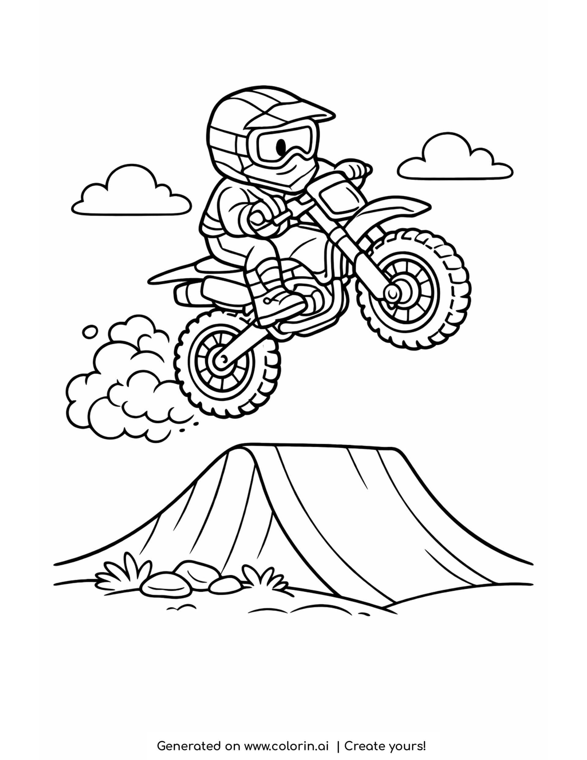 dirt bike jump coloring pages - rider launching a dirt bike off a big dirt ramp with dust flying behind