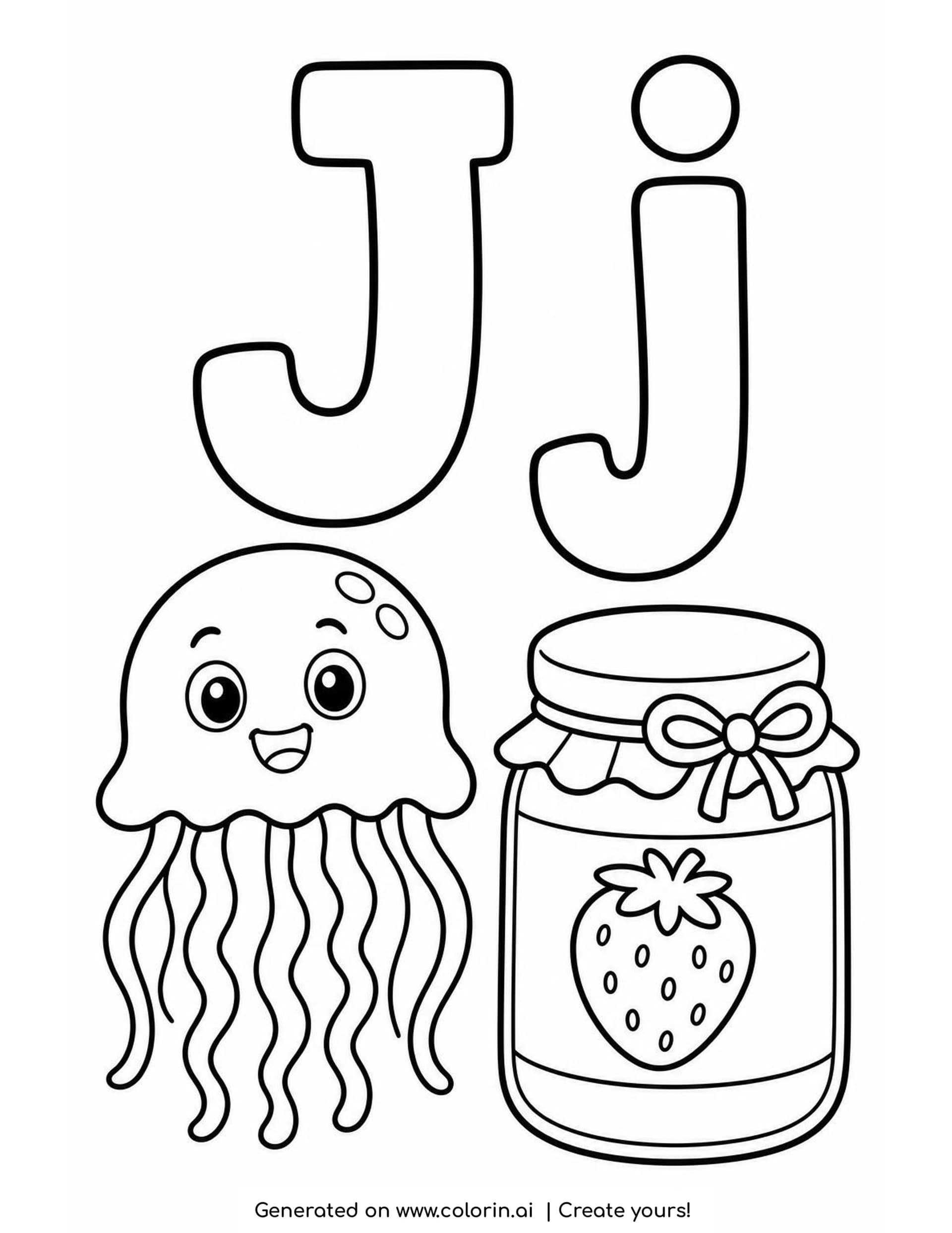 A letter J coloring page with a hollow capital J and lowercase j above a smiling jellyfish with wavy tentacles and a jar of jam with a bow and a strawberry label