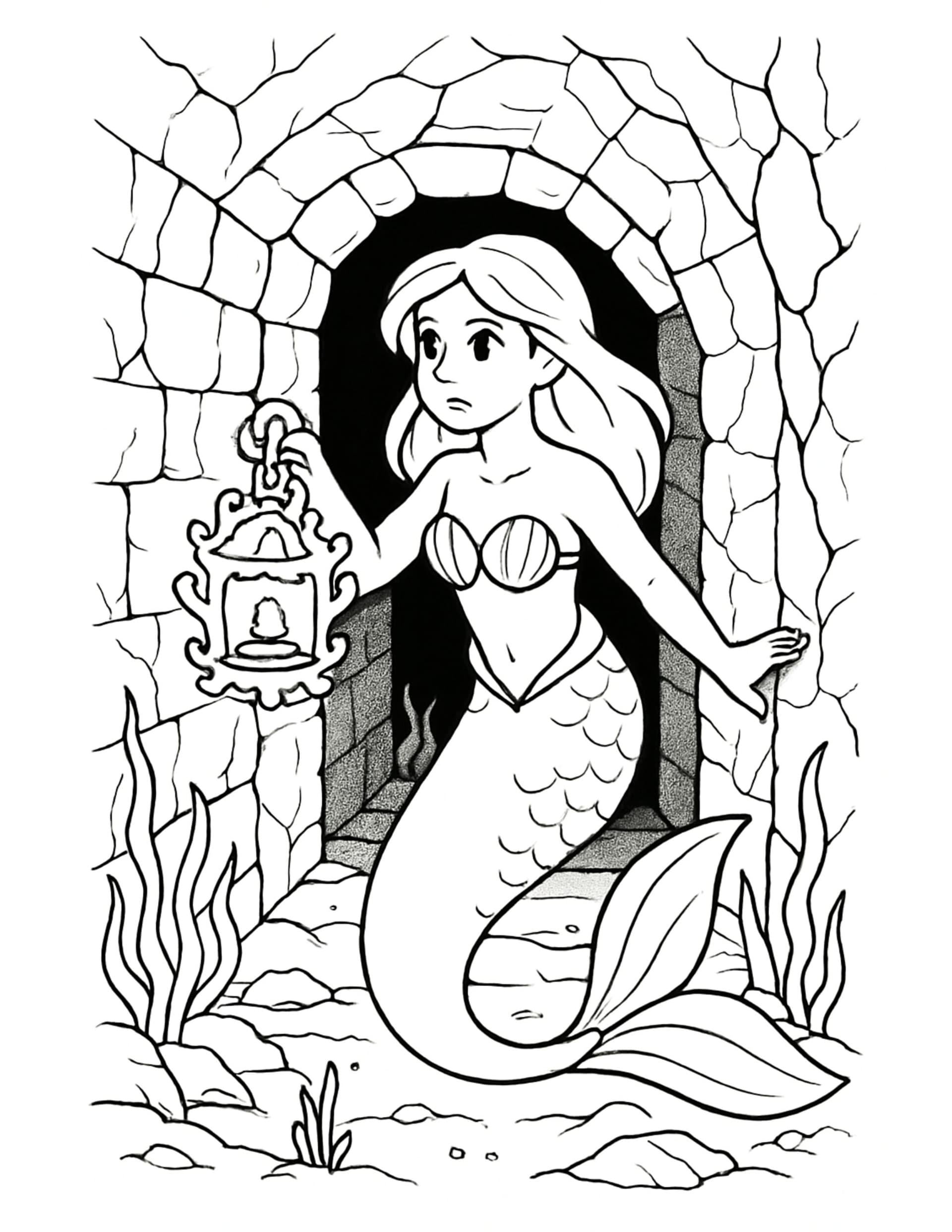 mermaid holding lantern in ruins coloring page, exploring a stone archway underwater, coloring page