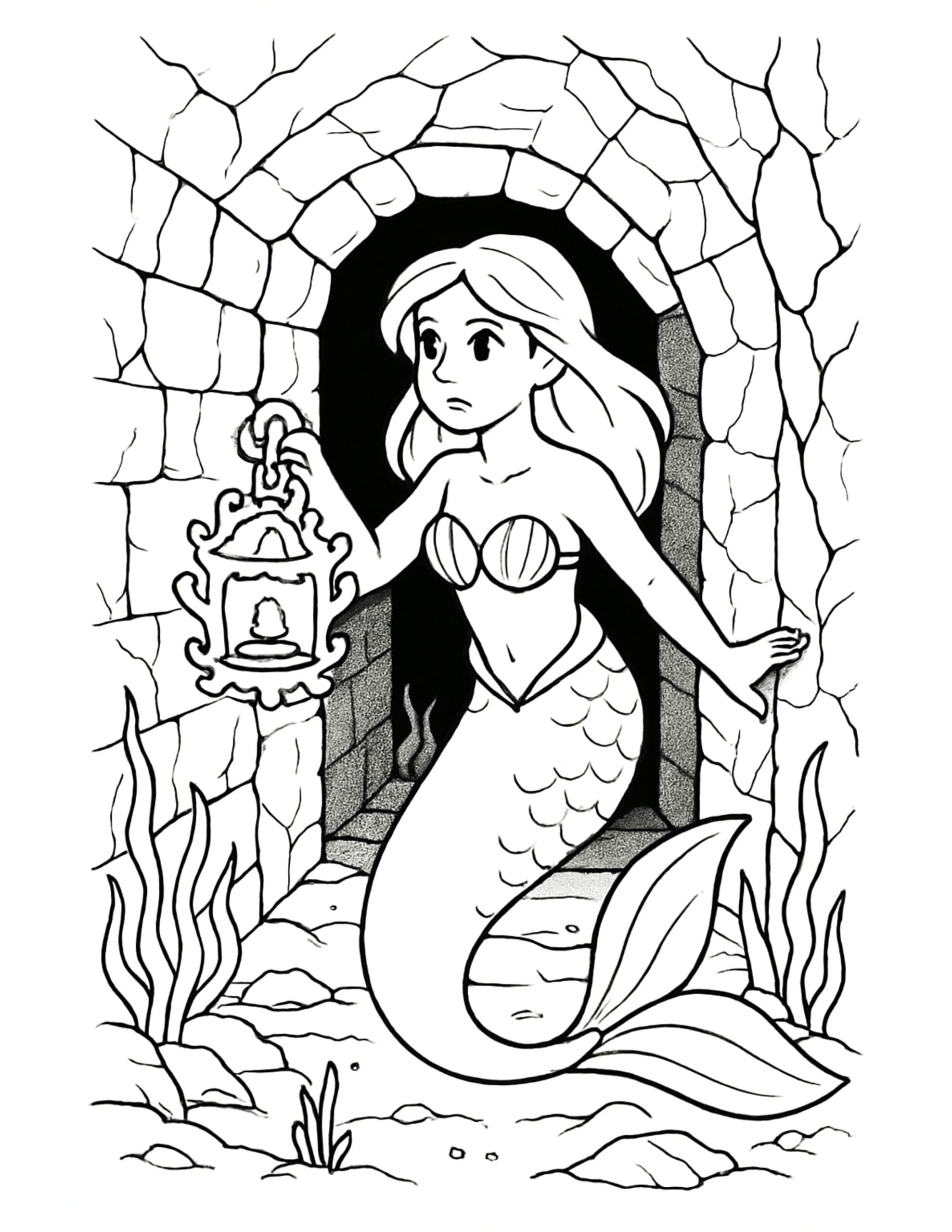 mermaid holding lantern in ruins coloring page, exploring a stone archway underwater, coloring page