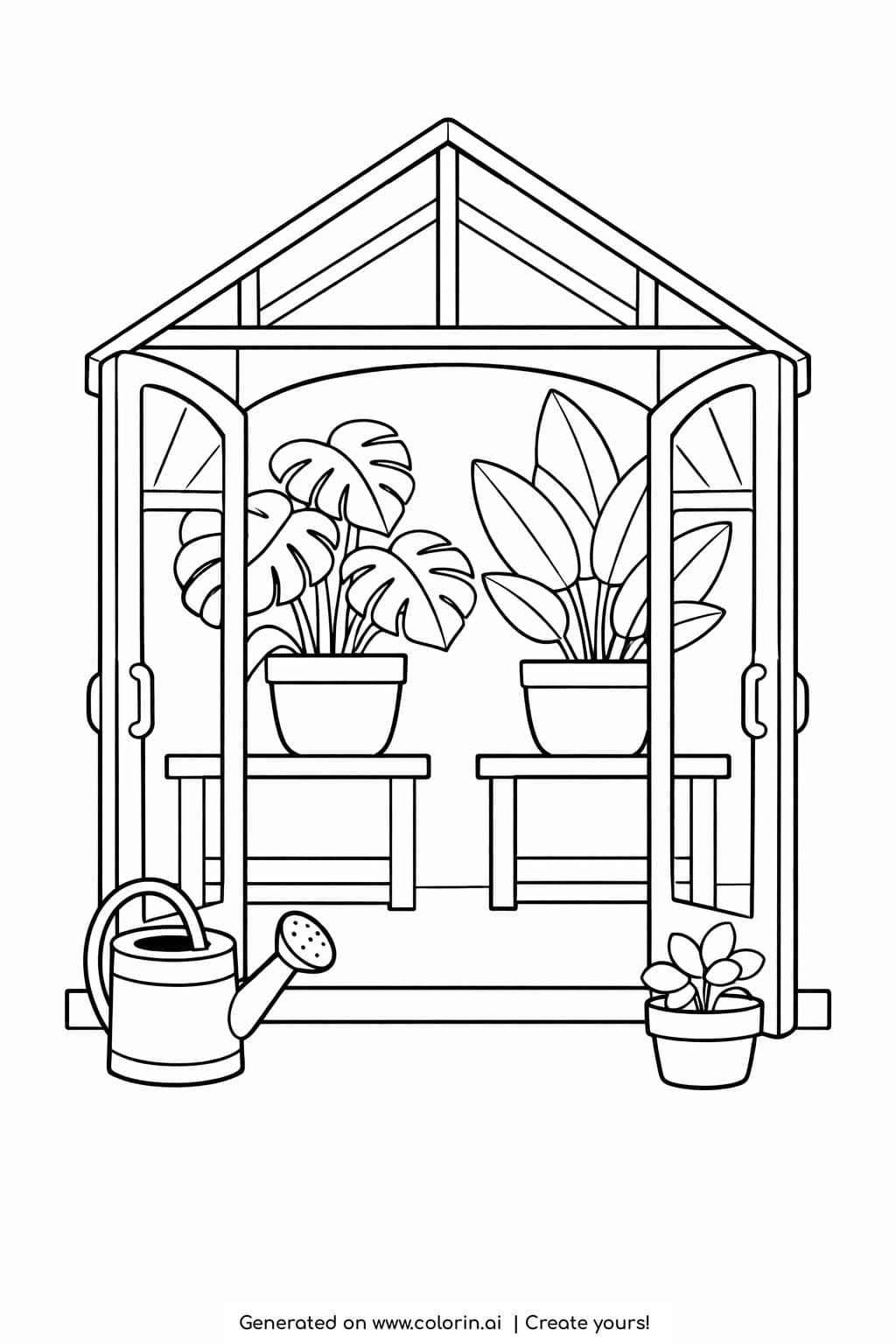 greenhouse with open doors and plants coloring page with watering can and potted plants