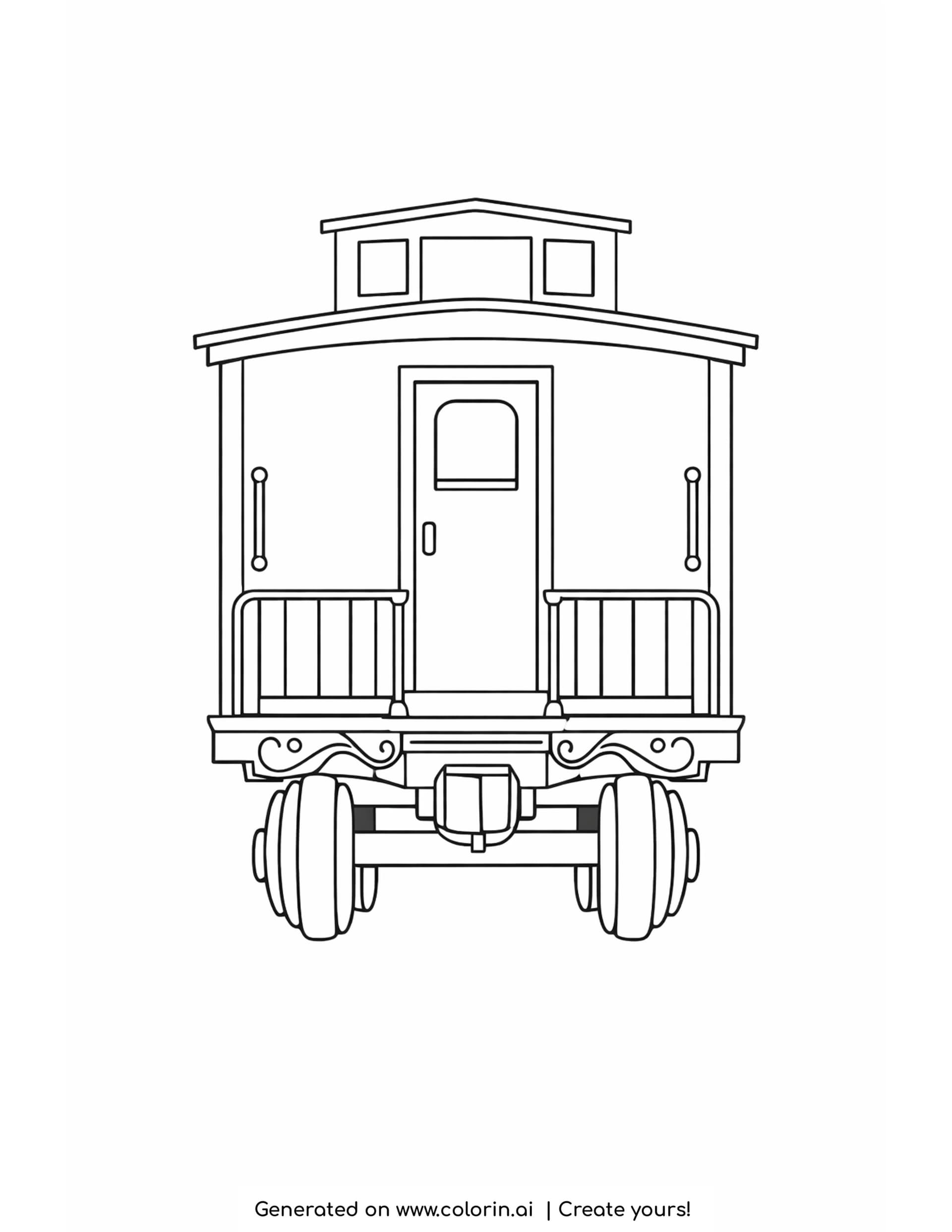 simple caboose coloring pages: a caboose seen from behind with a roof cupola, an arched door window and a railed platform