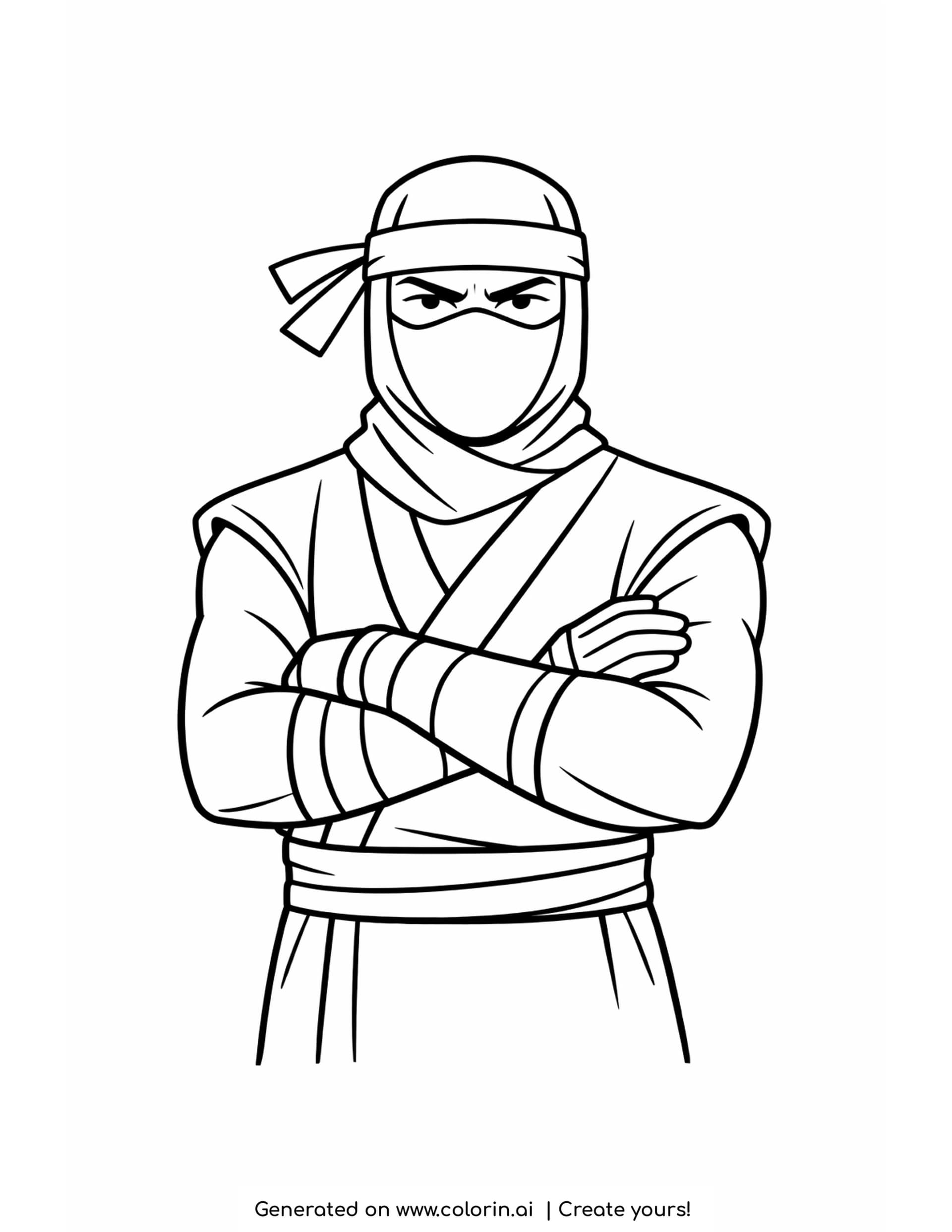 ninja coloring pages - bold simple ninja with arms crossed, a hooded mask and a headband tied to one side