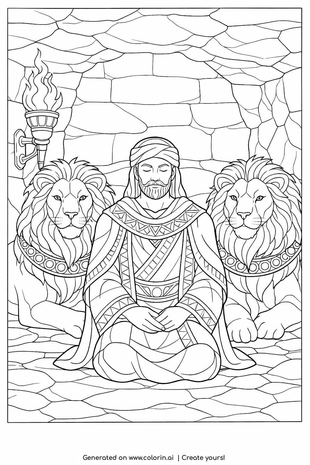 bible coloring pages for adults, a calm Daniel seated between two great maned lions in a stone den with a torch