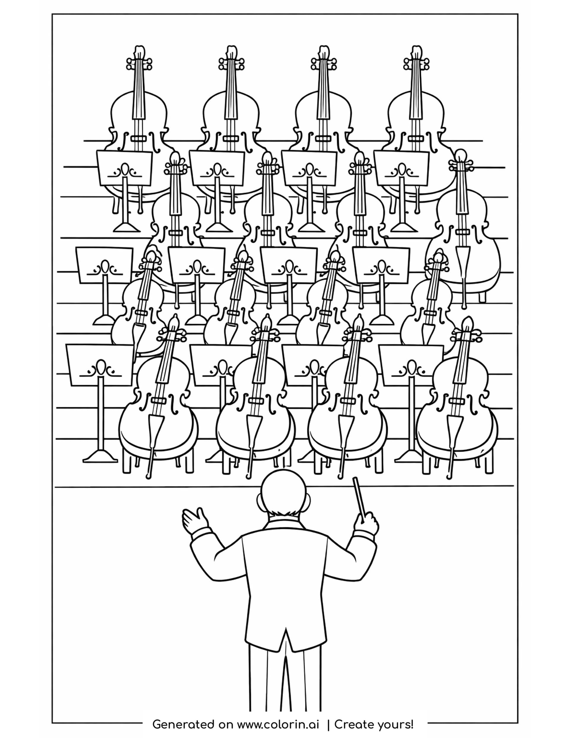 orchestra coloring pages - ranks of violins, cellos and music stands rising above a conductor seen from behind