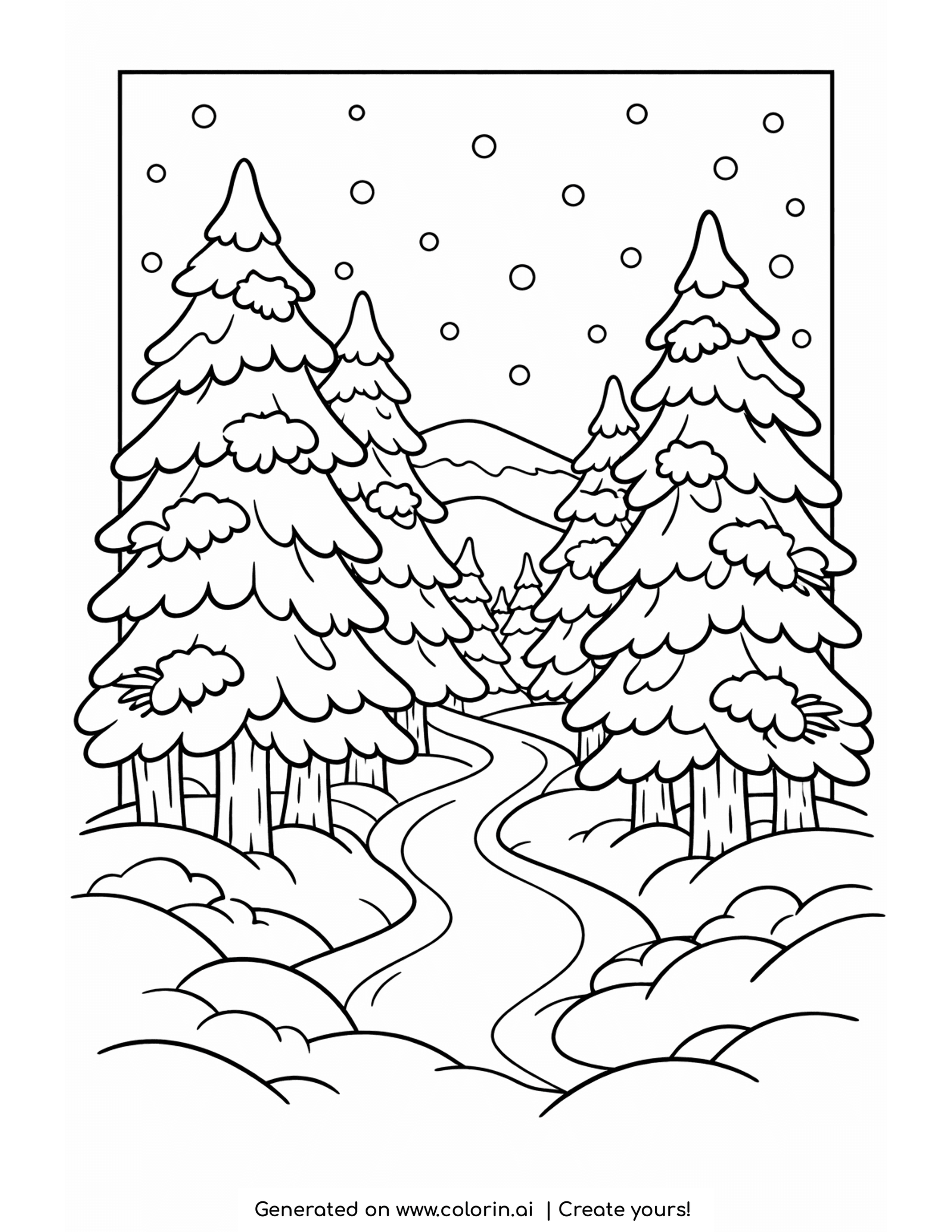winter scene coloring pages, a snowy pine forest with layered branches beside a winding path and falling snow