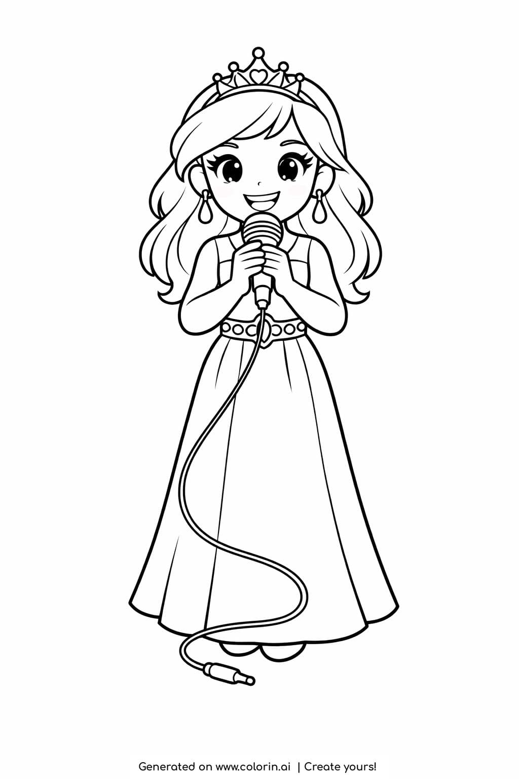 princess singing into a microphone coloring page with crown and long dress coloring page