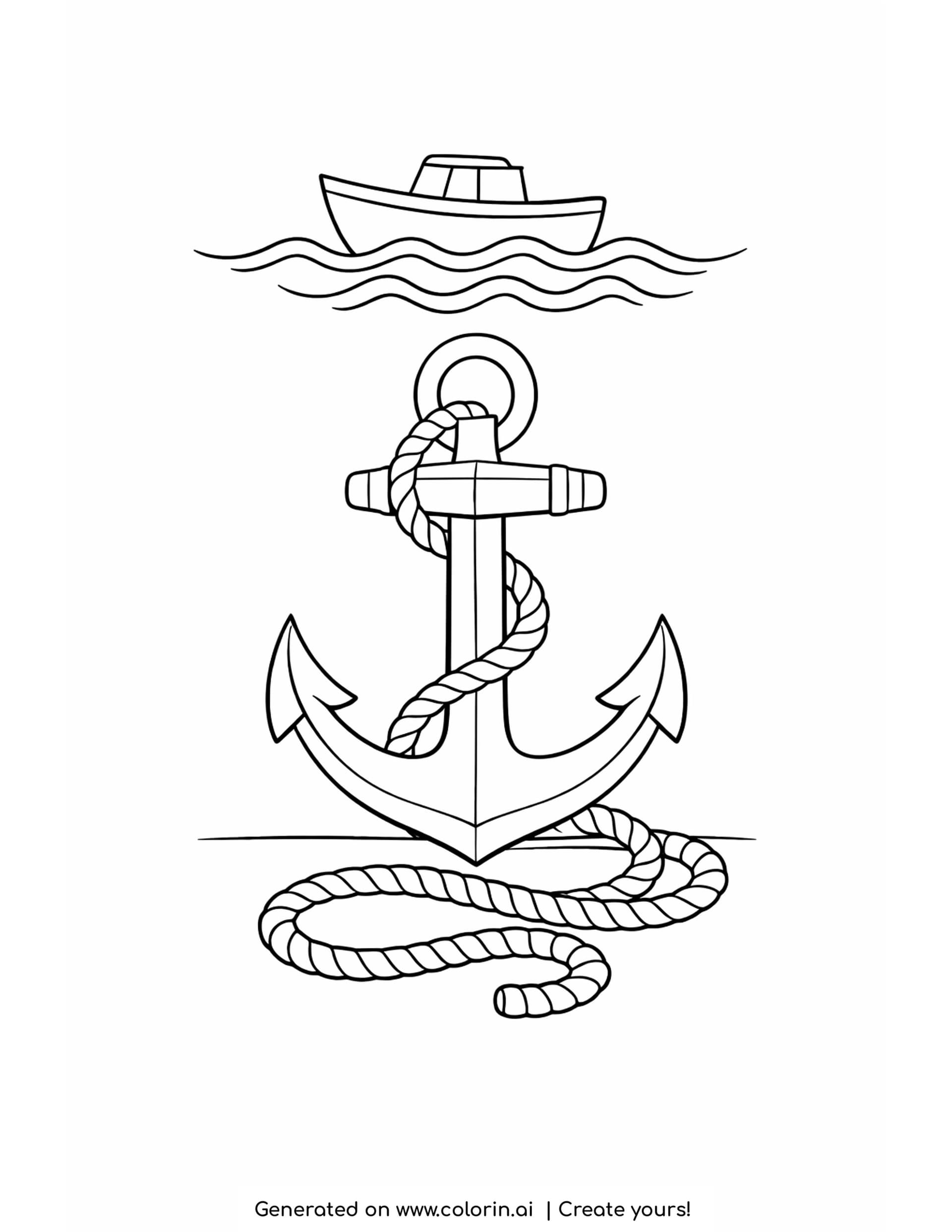anchor coloring pages - a simple ship's anchor standing upright with a ring, a capped stock and a twisted rope coiling at its foot, with a small boat above