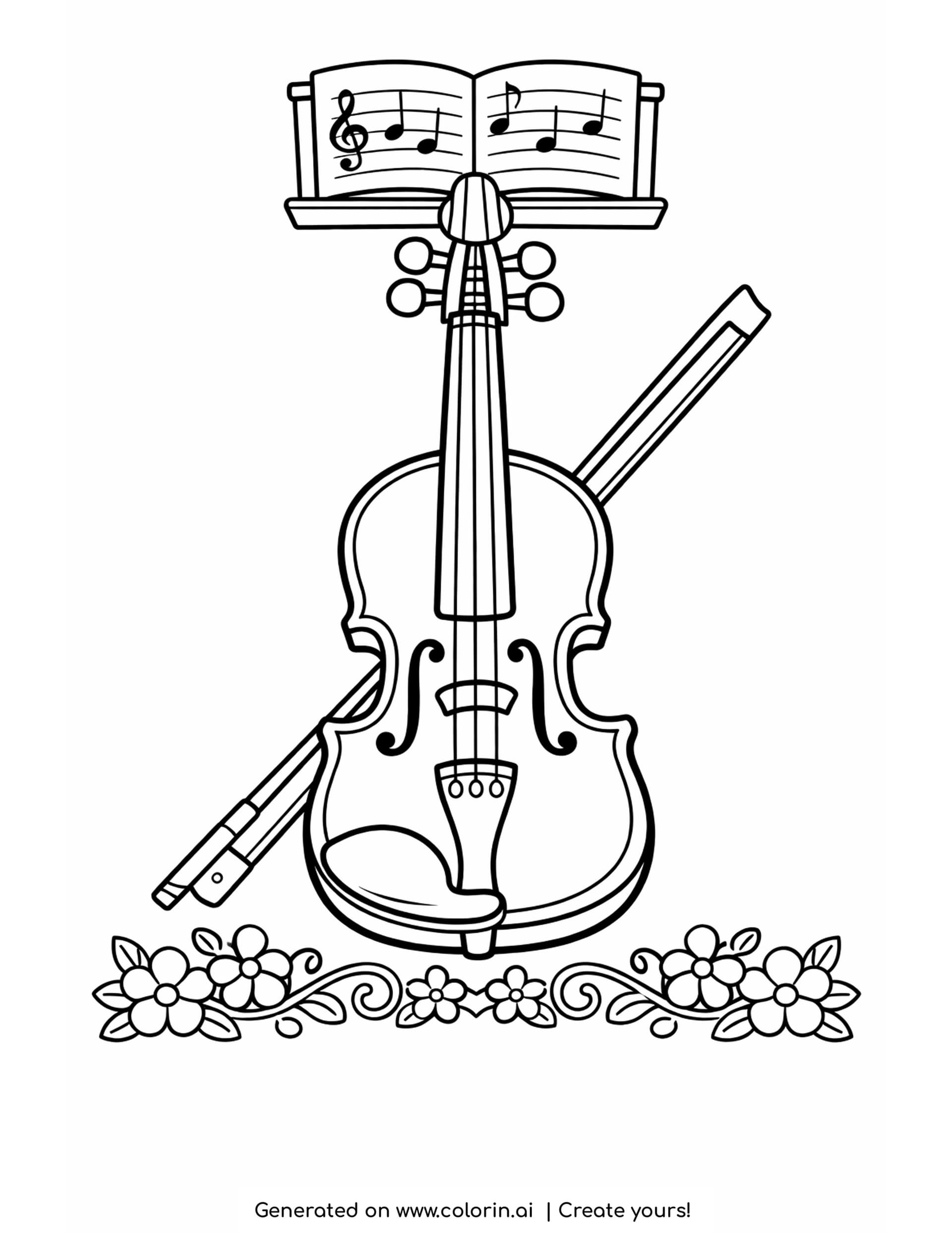 violin and bow coloring pages - upright violin with the bow crossed behind, sheet music above and flowers below