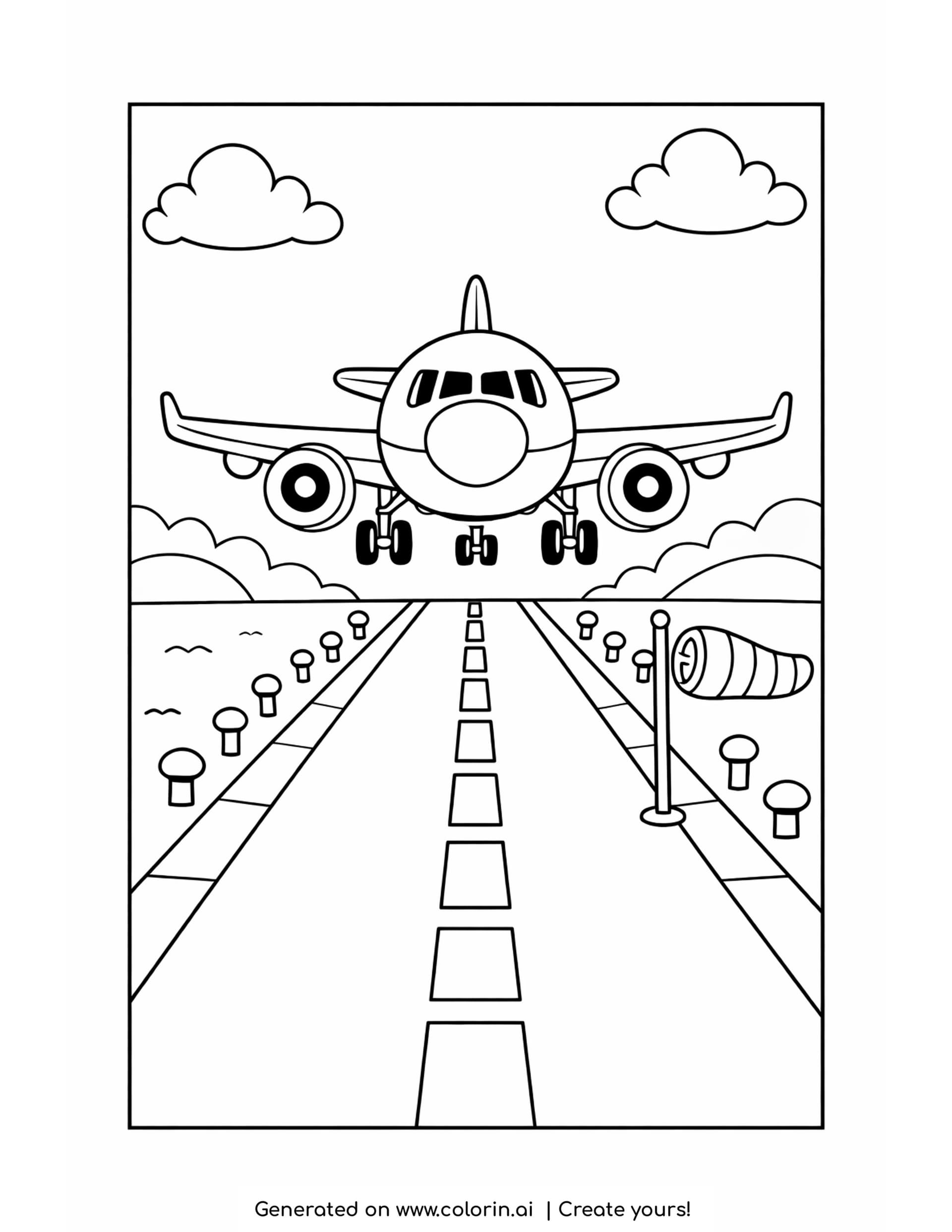 airplane landing coloring pages — plane seen head on with landing gear down above a lit runway