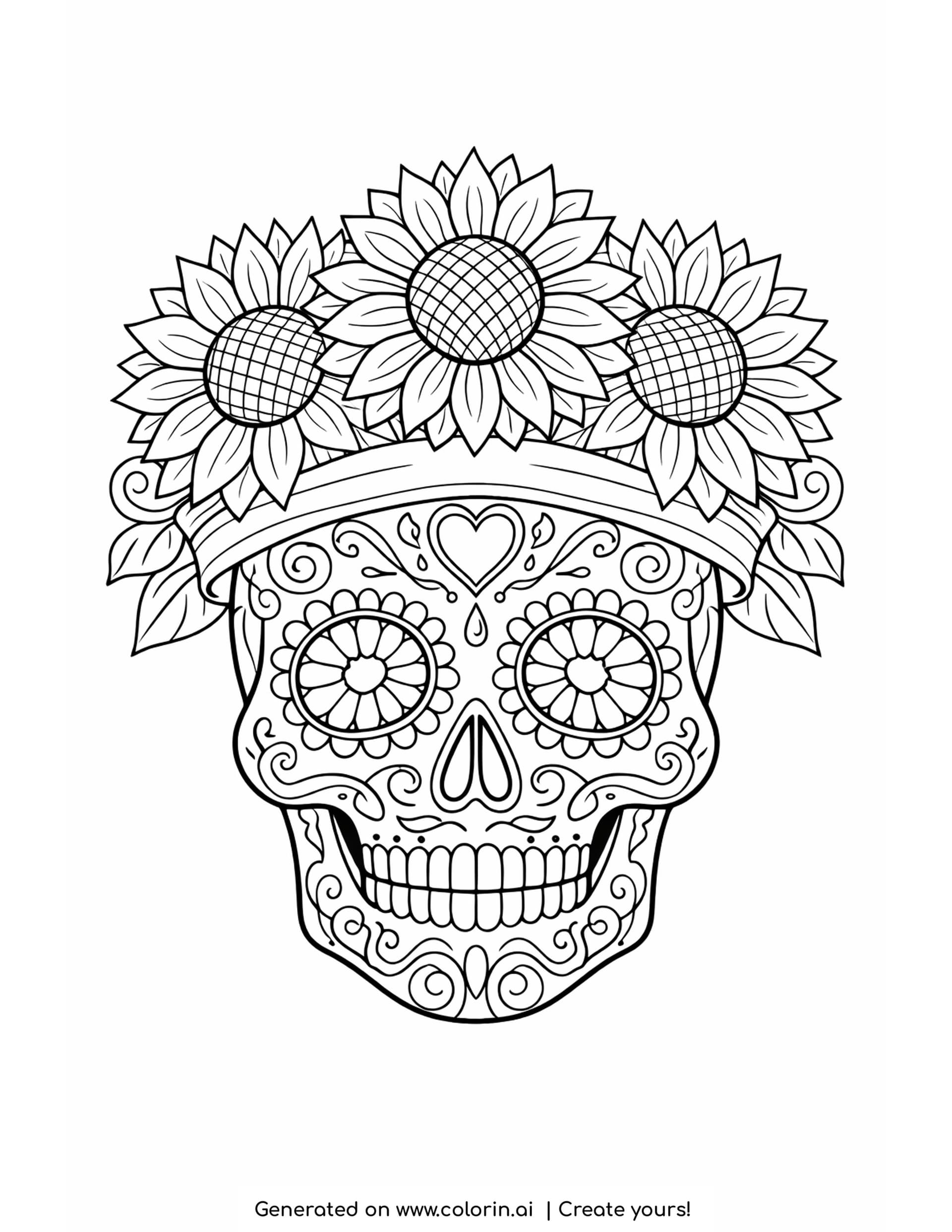 sugar skull sunflower crown coloring pages, calavera wearing a crown of three large seeded sunflowers on a headband