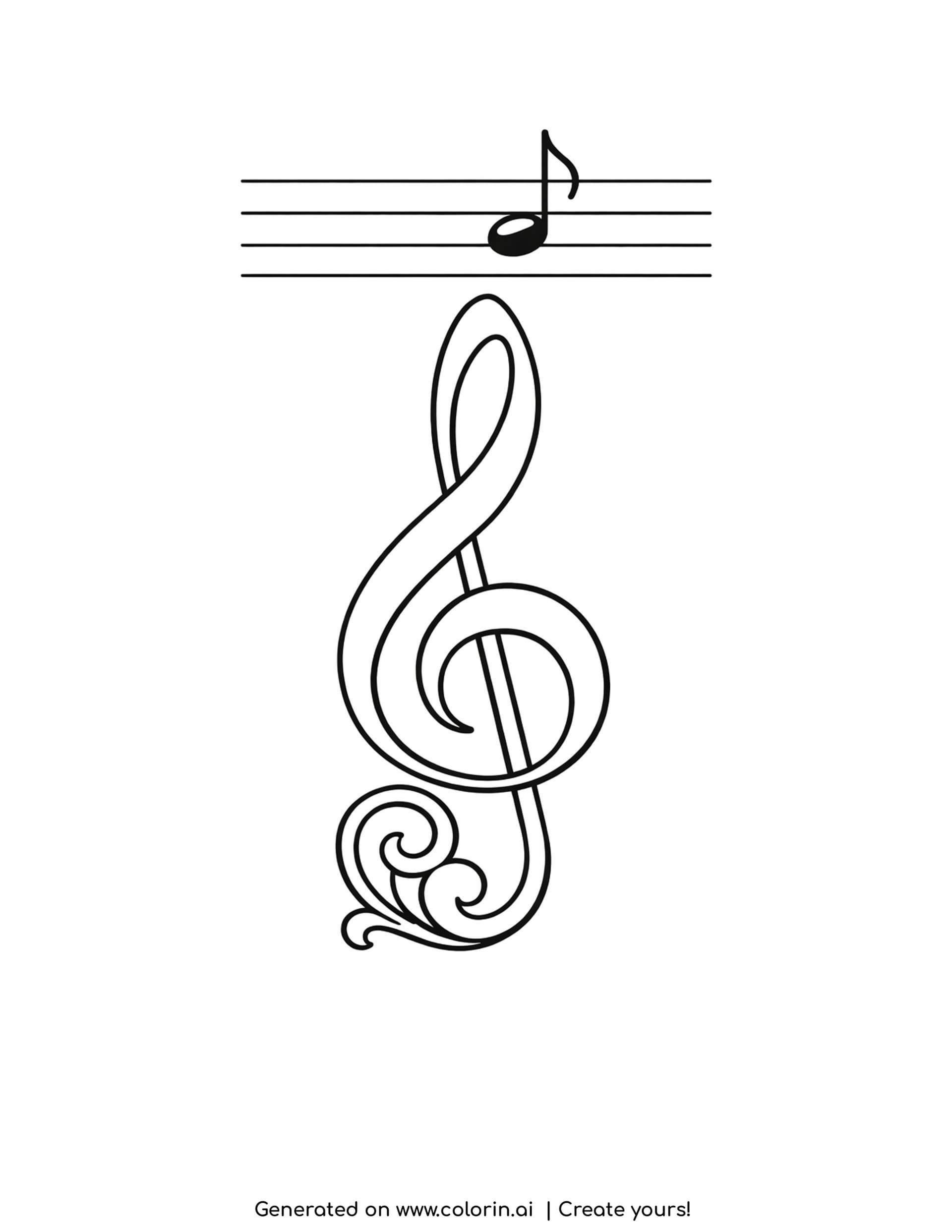 music coloring pages - one large outlined treble clef with a short staff and a single note above it