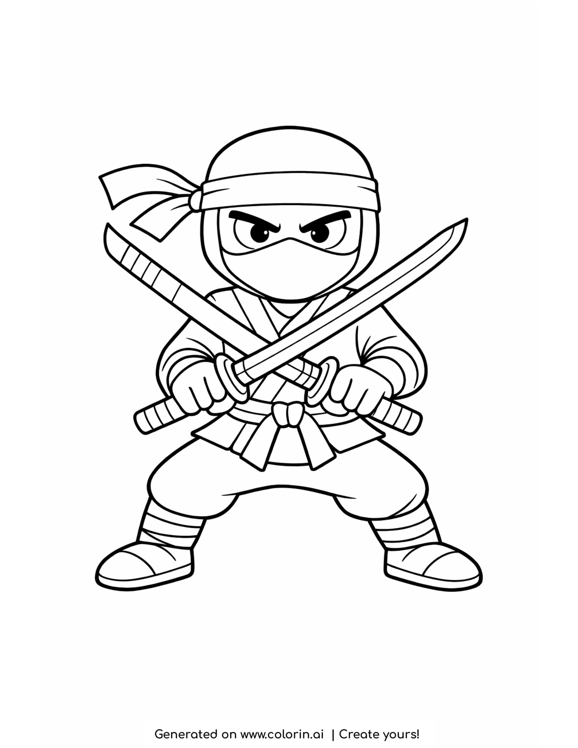 ninja with two swords coloring pages - ninja in a wide stance crossing two katana blades in front