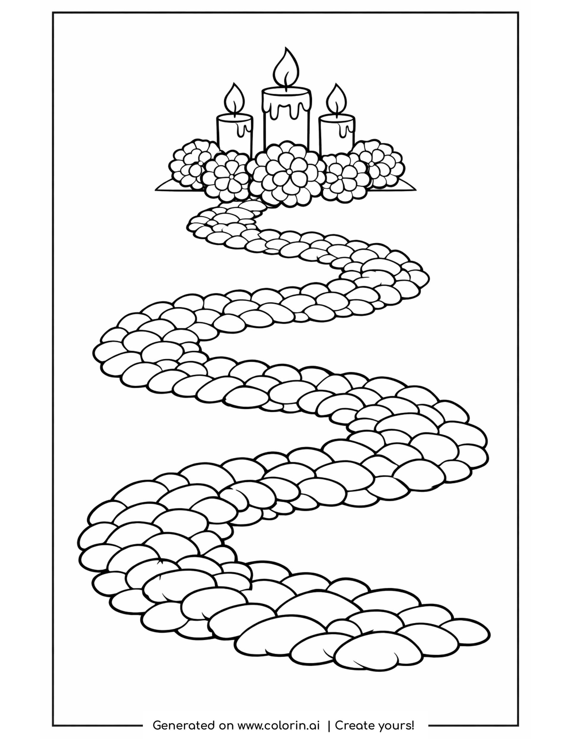 marigold path coloring pages, winding path of marigold petals climbing the page to three lit candles and flowers