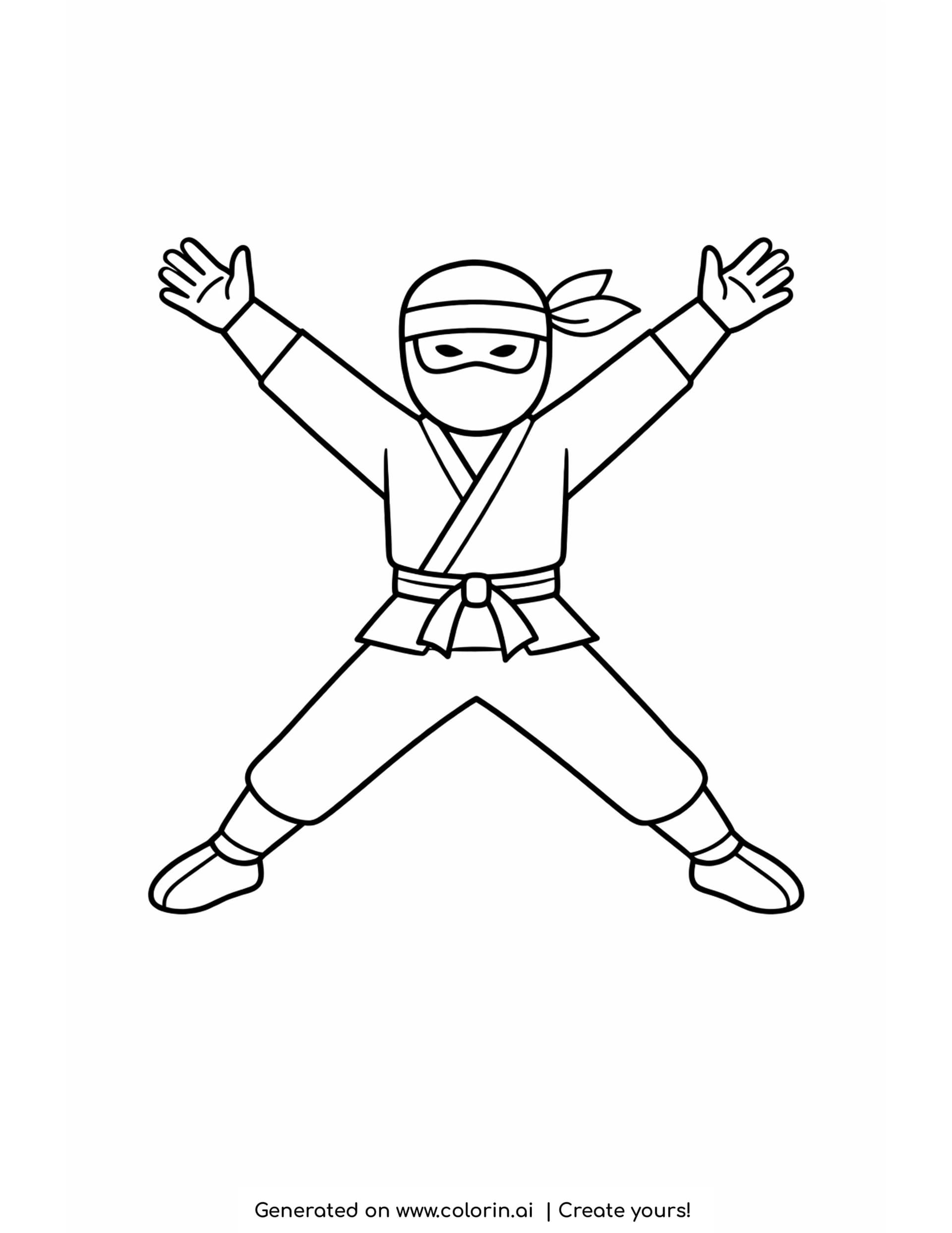 simple jumping ninja coloring pages - round headed ninja in a star jump with arms and legs spread wide
