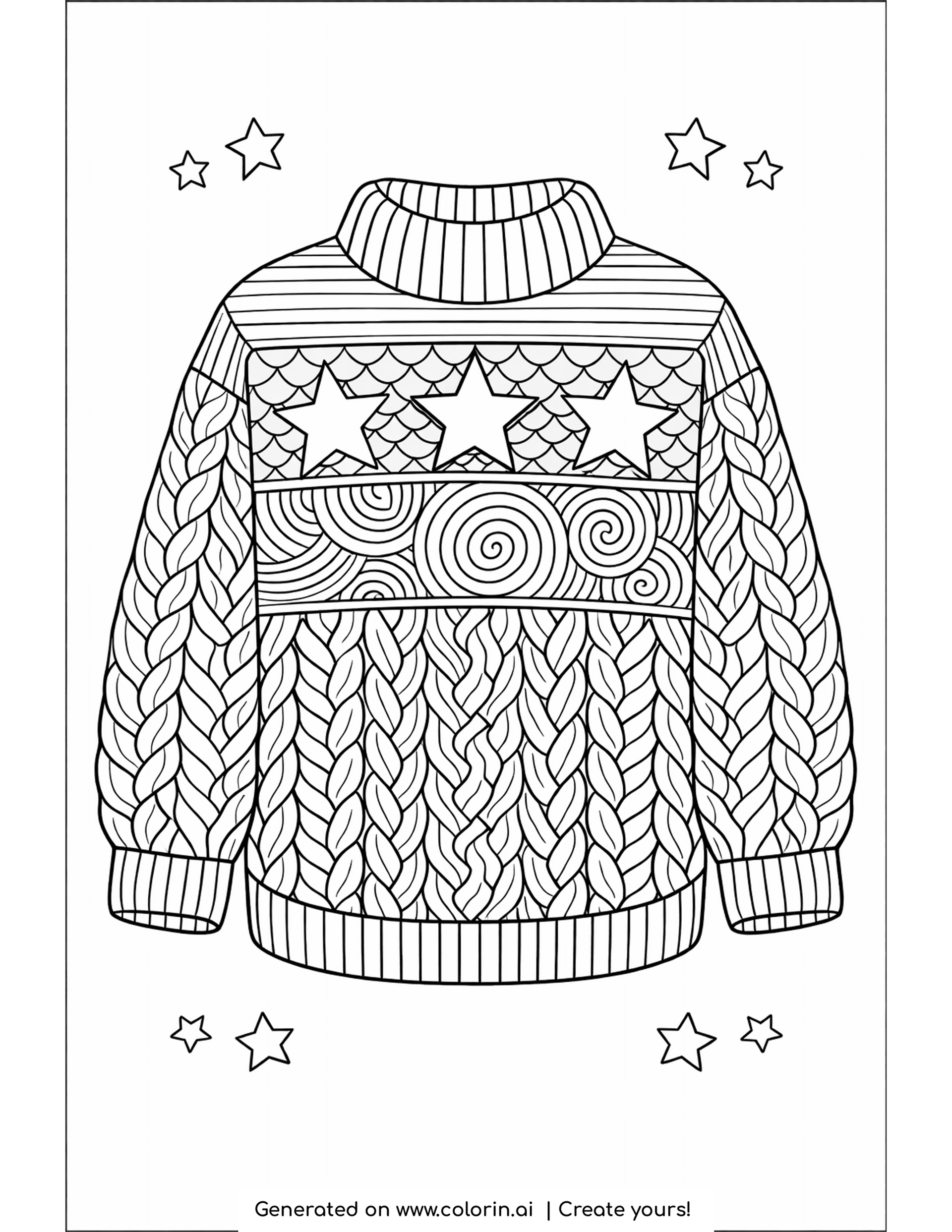 sweater coloring pages, a chunky cable-knit sweater with thick braids and a snowflake patch