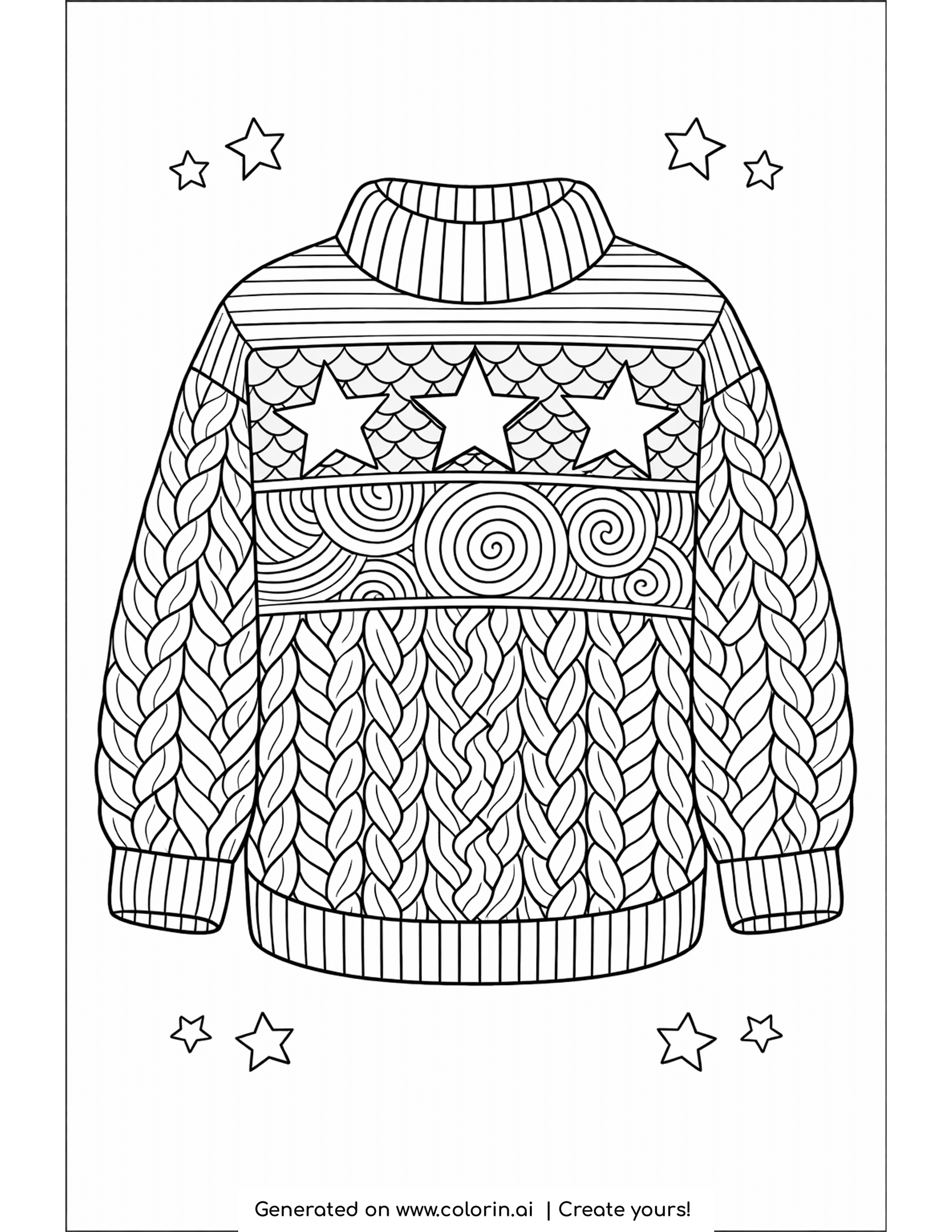 sweater coloring pages, a chunky cable-knit sweater with thick braids and a snowflake patch