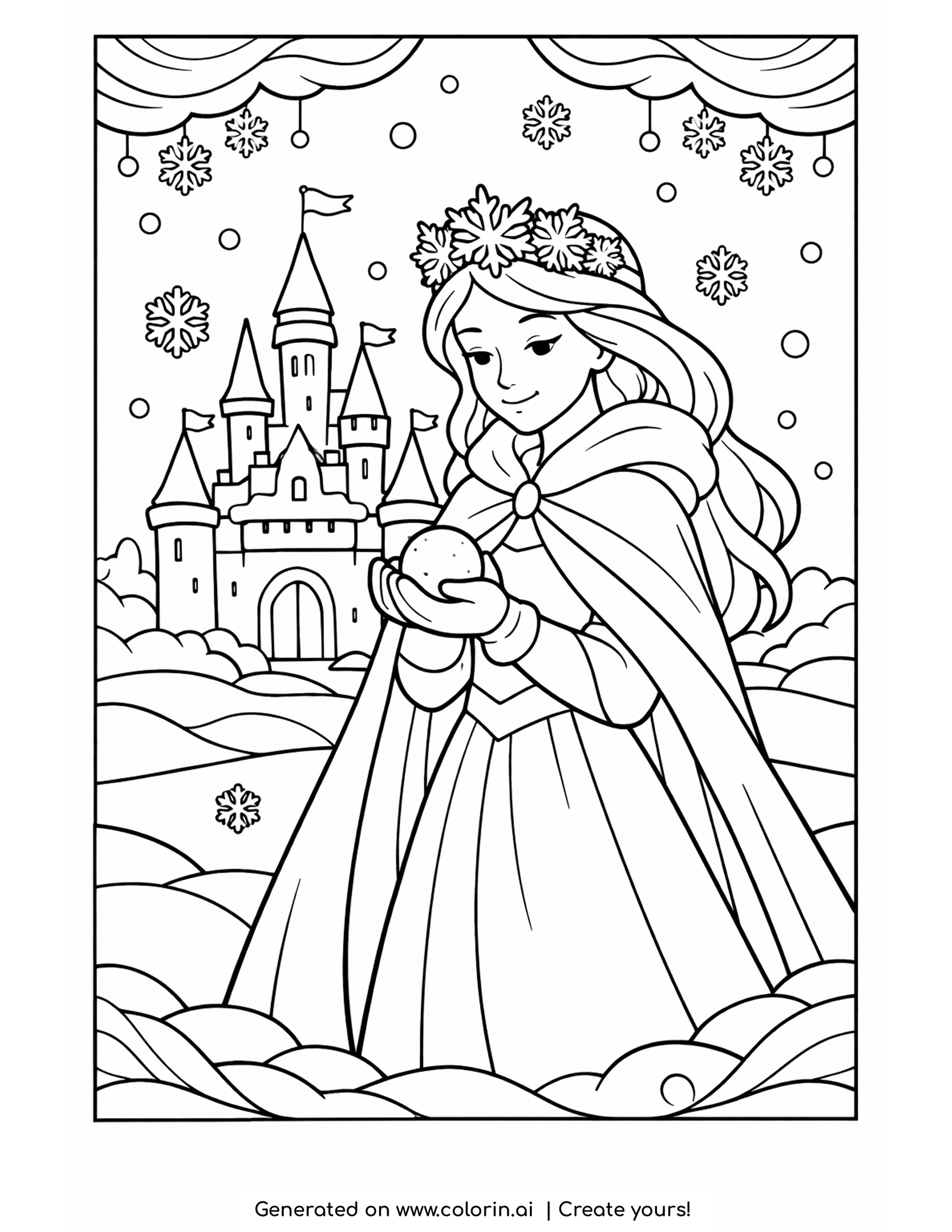 winter princess coloring pages, a princess wearing a snowflake crown in front of a castle