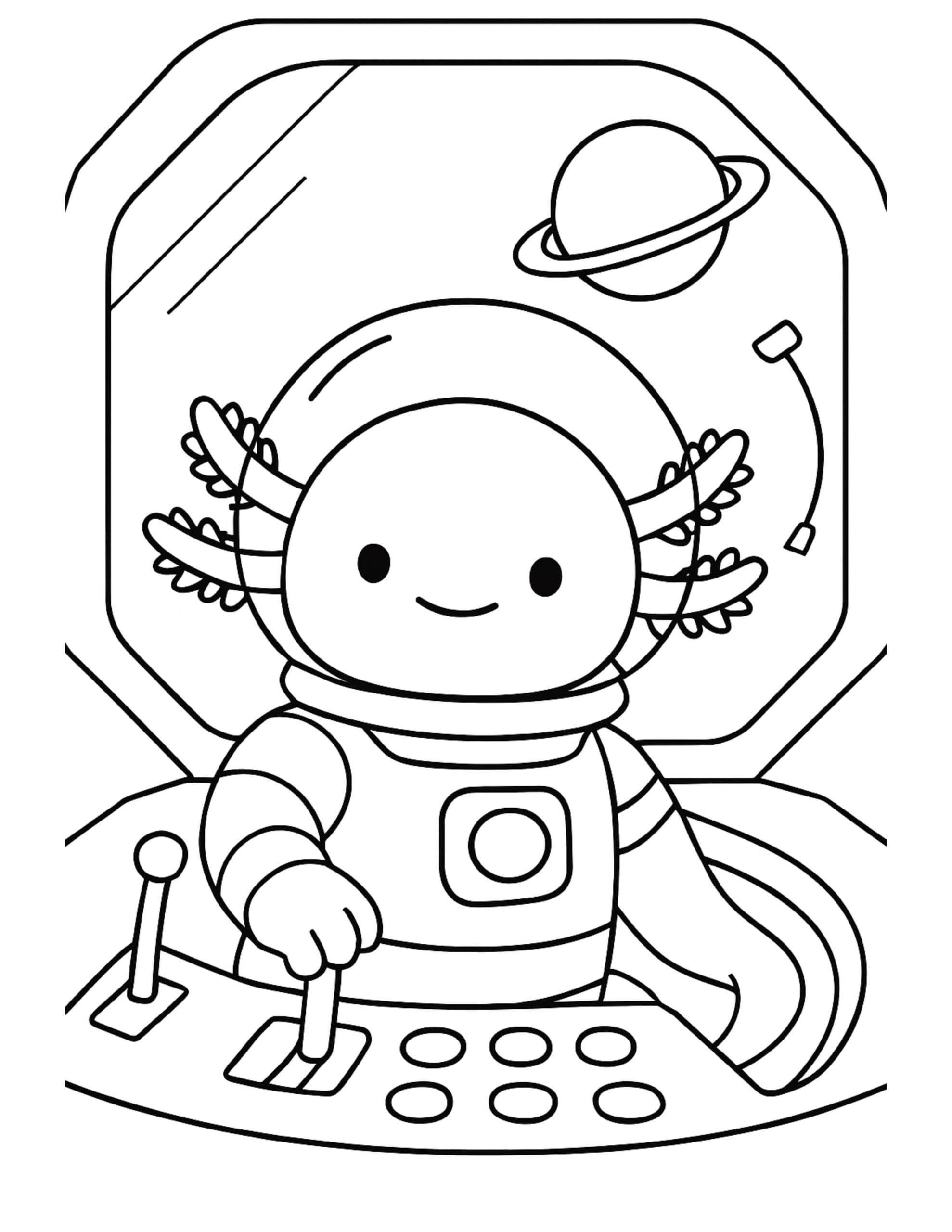 axolotl astronaut piloting a spaceship coloring page in a cockpit with joysticks and a planet outside coloring page