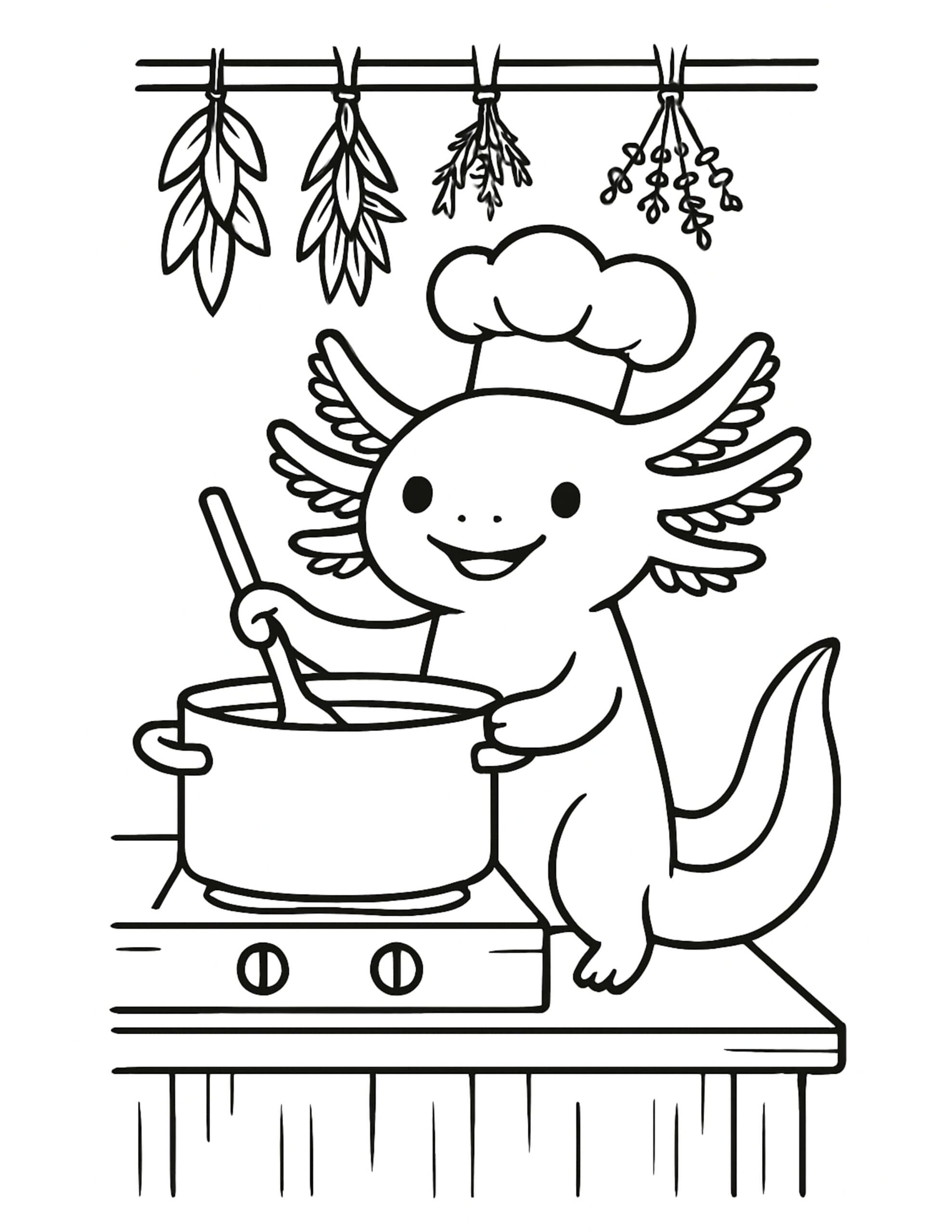 axolotl chef stirring soup coloring page featuring a smiling axolotl in a chef hat stirring a pot under hanging herbs coloring page