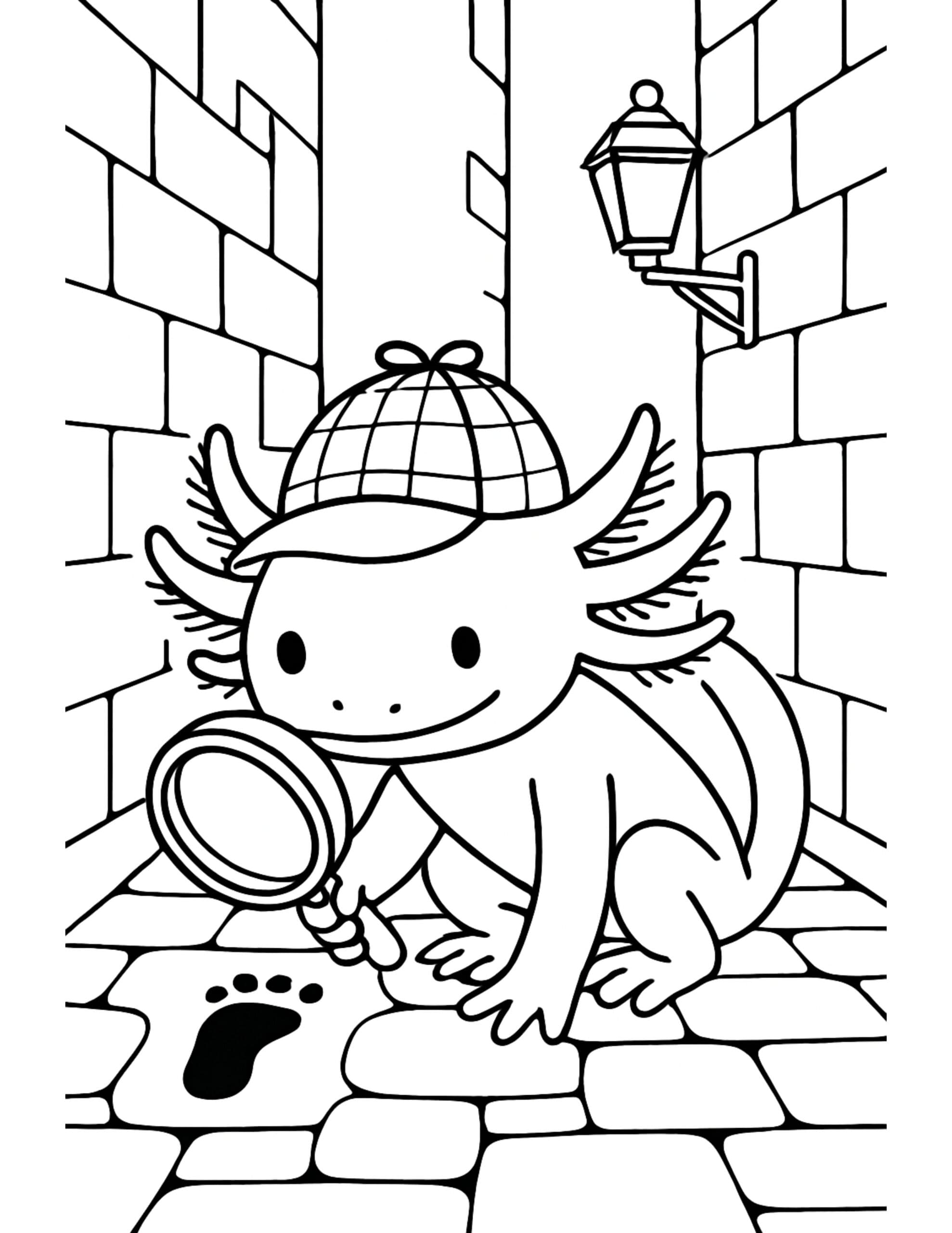 axolotl detective examining footprints coloring page in a brick alley with magnifying glass and street lamp