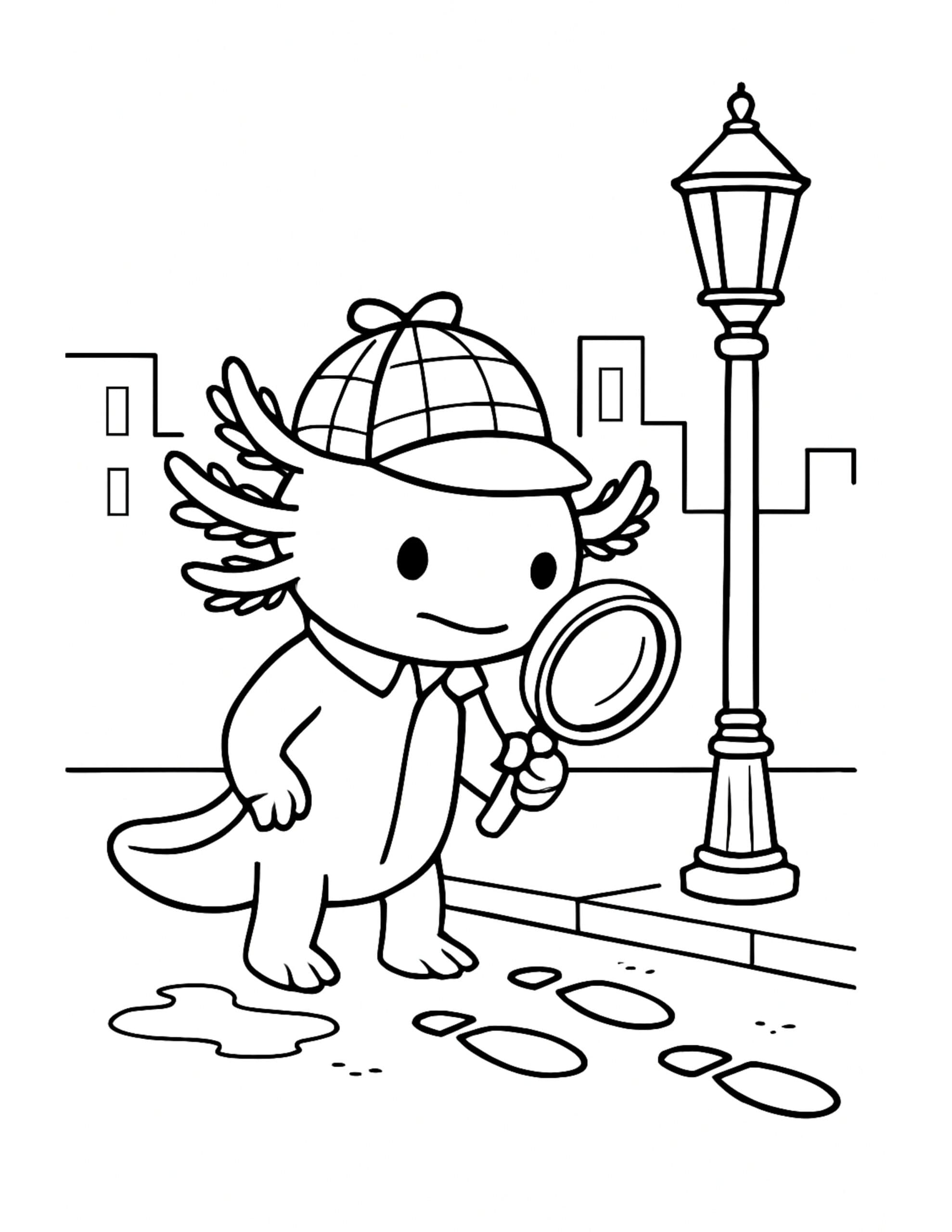 axolotl detective with magnifying glass coloring page showing a cute axolotl in a detective hat on a street with footprints and a lamp coloring page