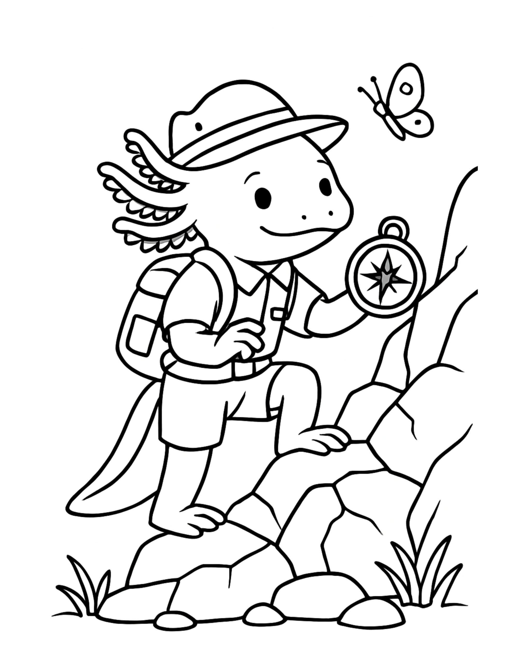 axolotl explorer holding a compass coloring page with a hiking hat, backpack, rocky path, and a butterfly coloring page