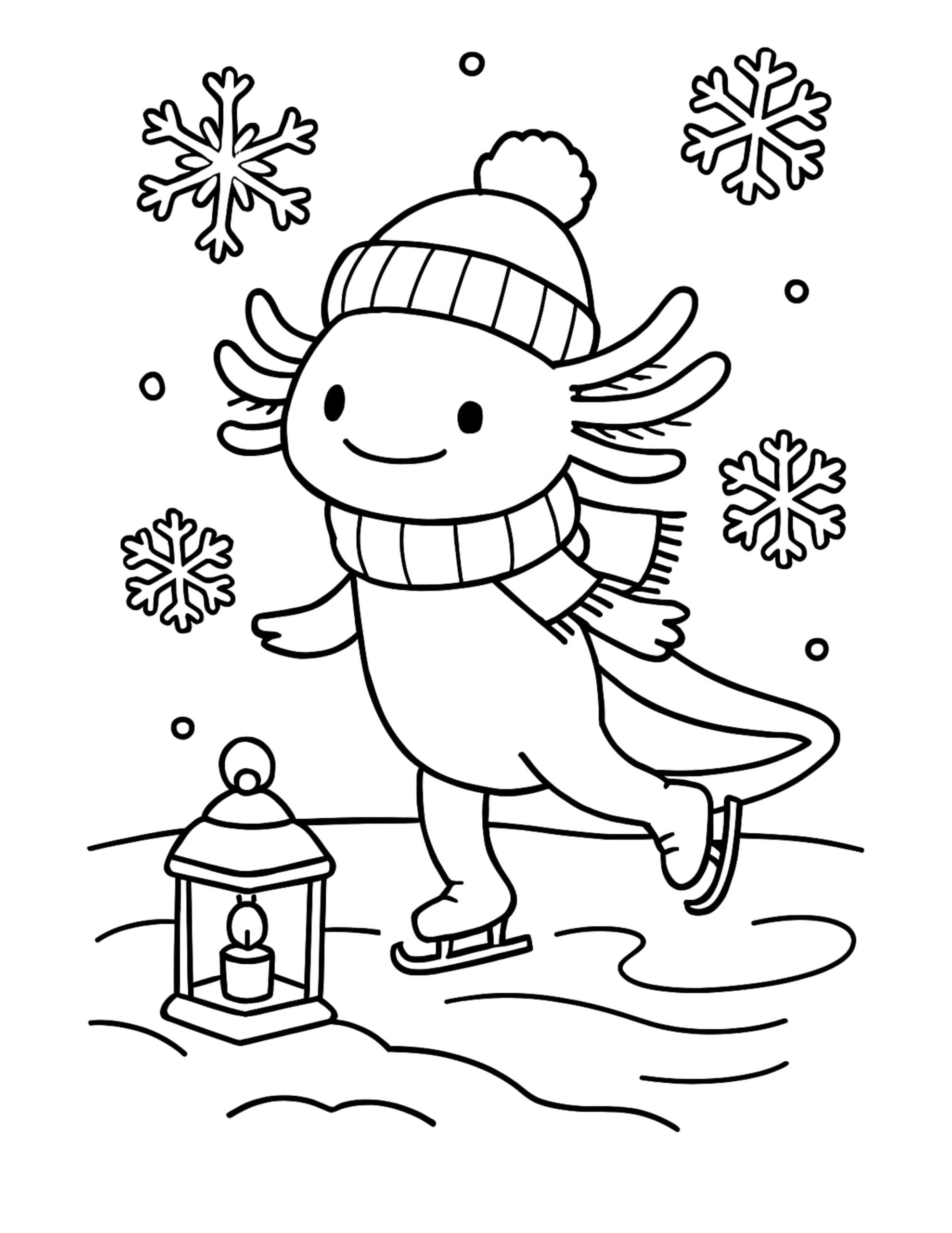 axolotl ice skating in winter coloring page showing a cute axolotl in a beanie and scarf on skates with snowflakes and a lantern coloring page