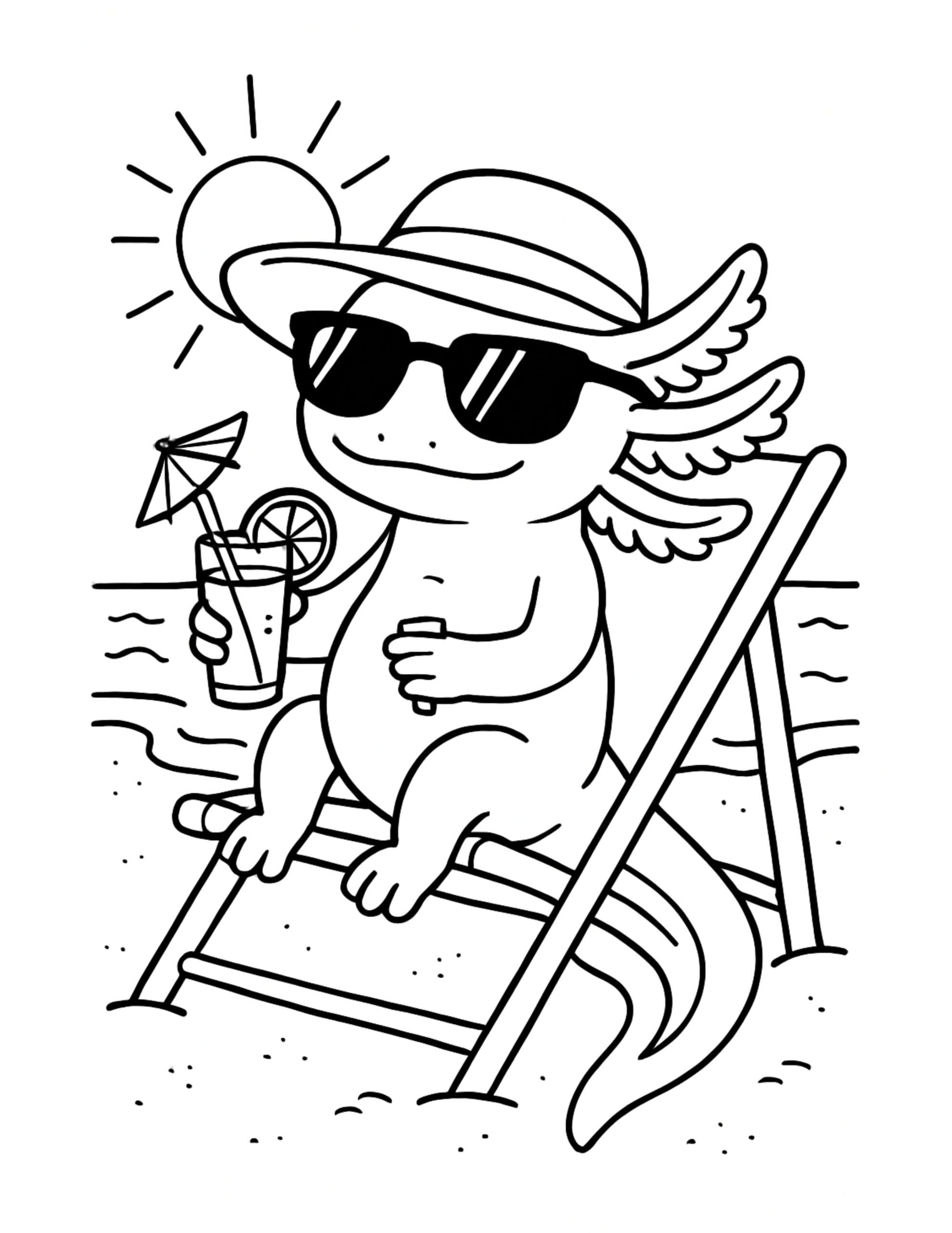 axolotl lounging on beach chair coloring page wearing sunglasses and sun hat with a drink coloring page