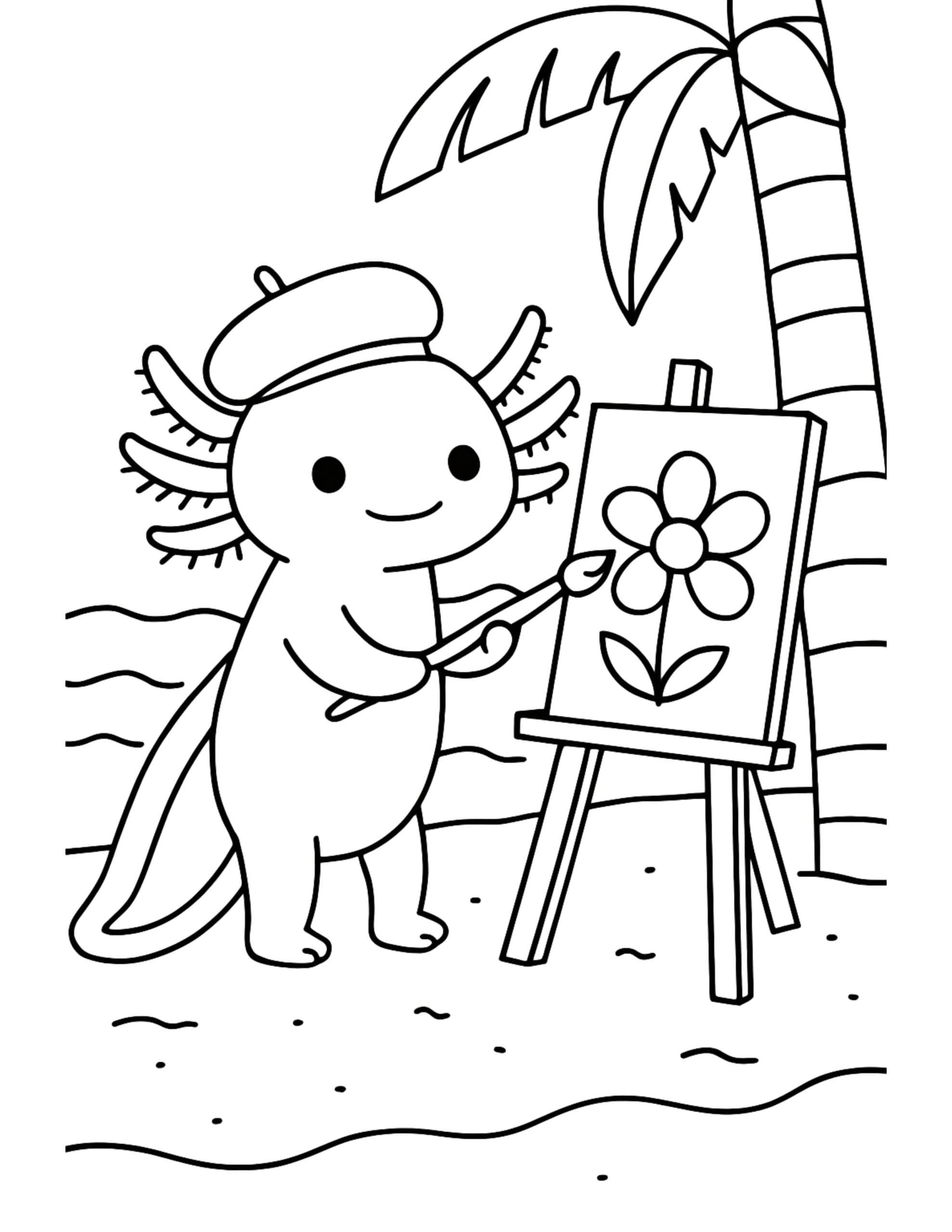 axolotl painting a flower seaside coloring page with a cute axolotl in a beret painting on an easel coloring page