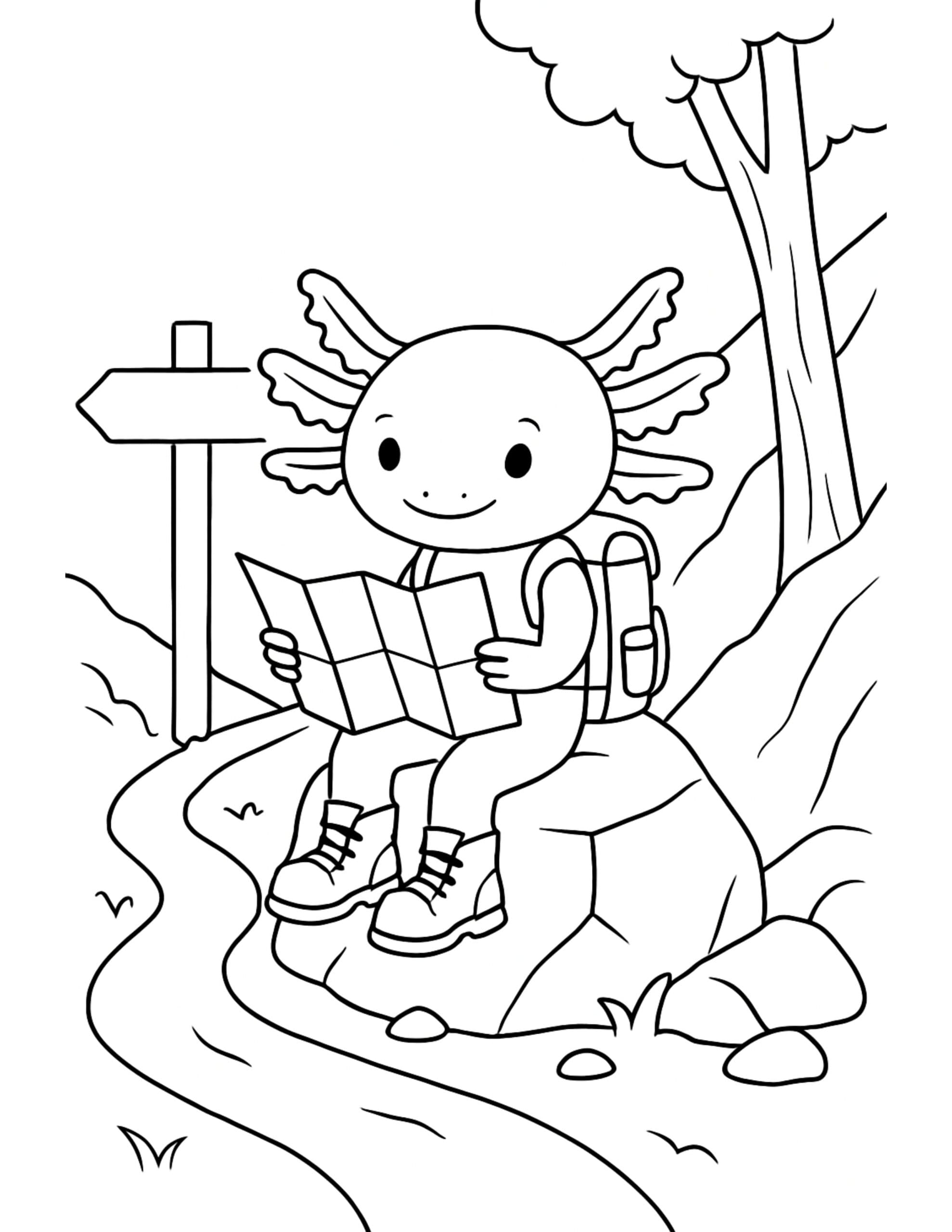 axolotl reading a trail map coloring page sitting on a rock with backpack and hiking boots coloring page