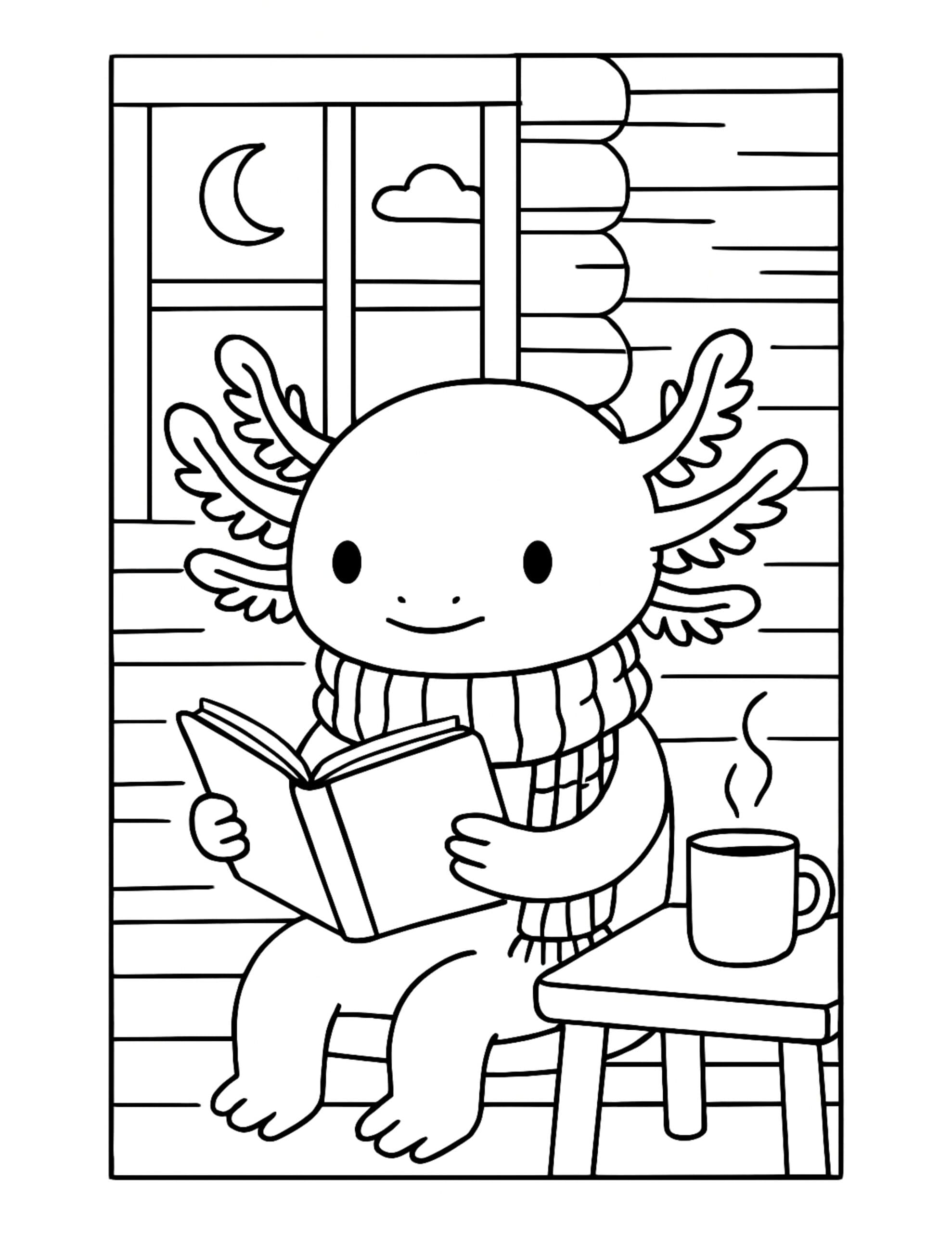 axolotl reading by moonlit window coloring page with a scarf, book, and steaming mug coloring page