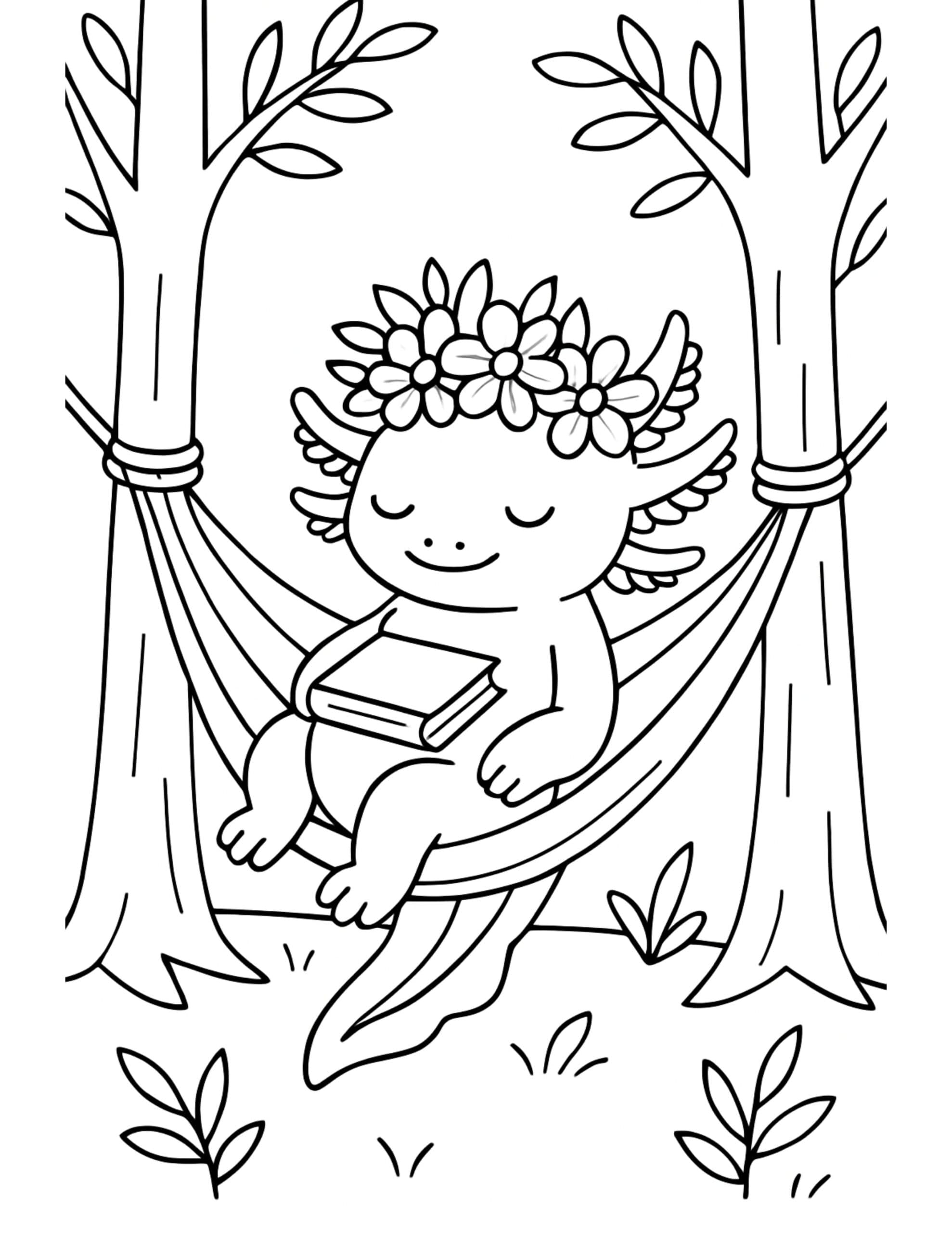 axolotl reading in a hammock coloring page with a flower crown, closed eyes, and a book between two trees coloring page