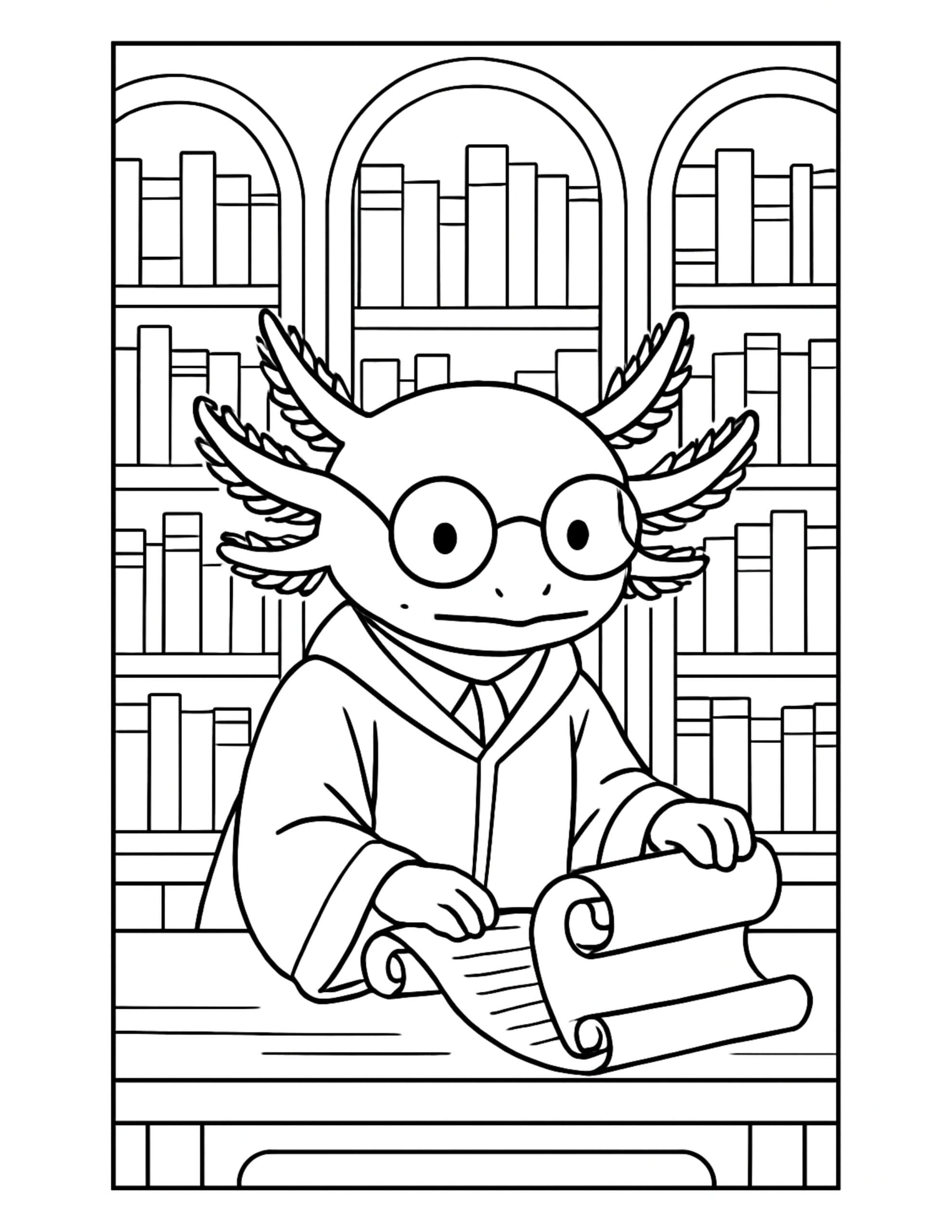 axolotl scholar reading scroll coloring page in a library with glasses and a robe coloring page