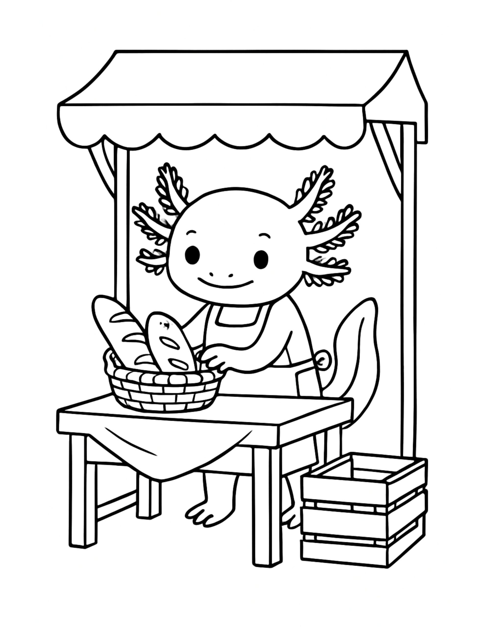 axolotl selling bread at stall coloring page with apron, bread basket, and market canopy