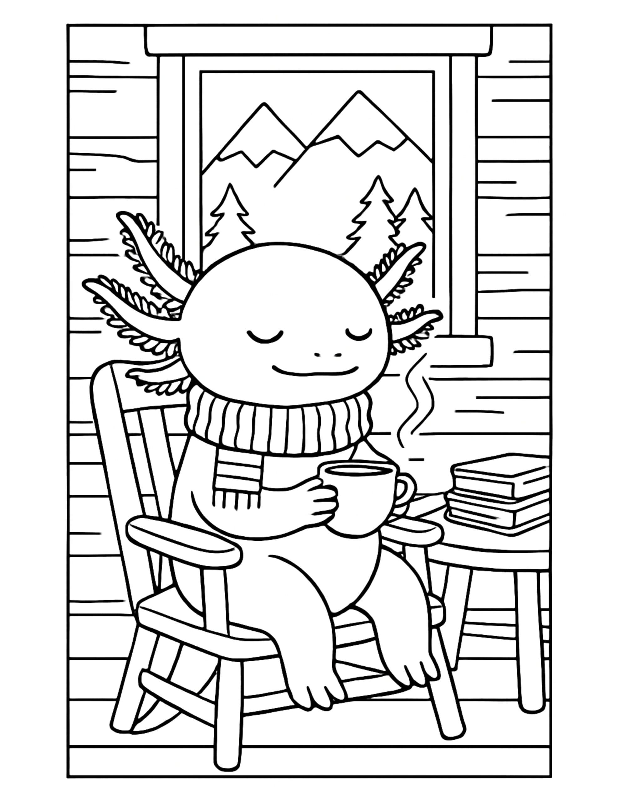 axolotl sipping cocoa in cabin coloring page with a scarfed axolotl in a rocking chair by a window, coloring page