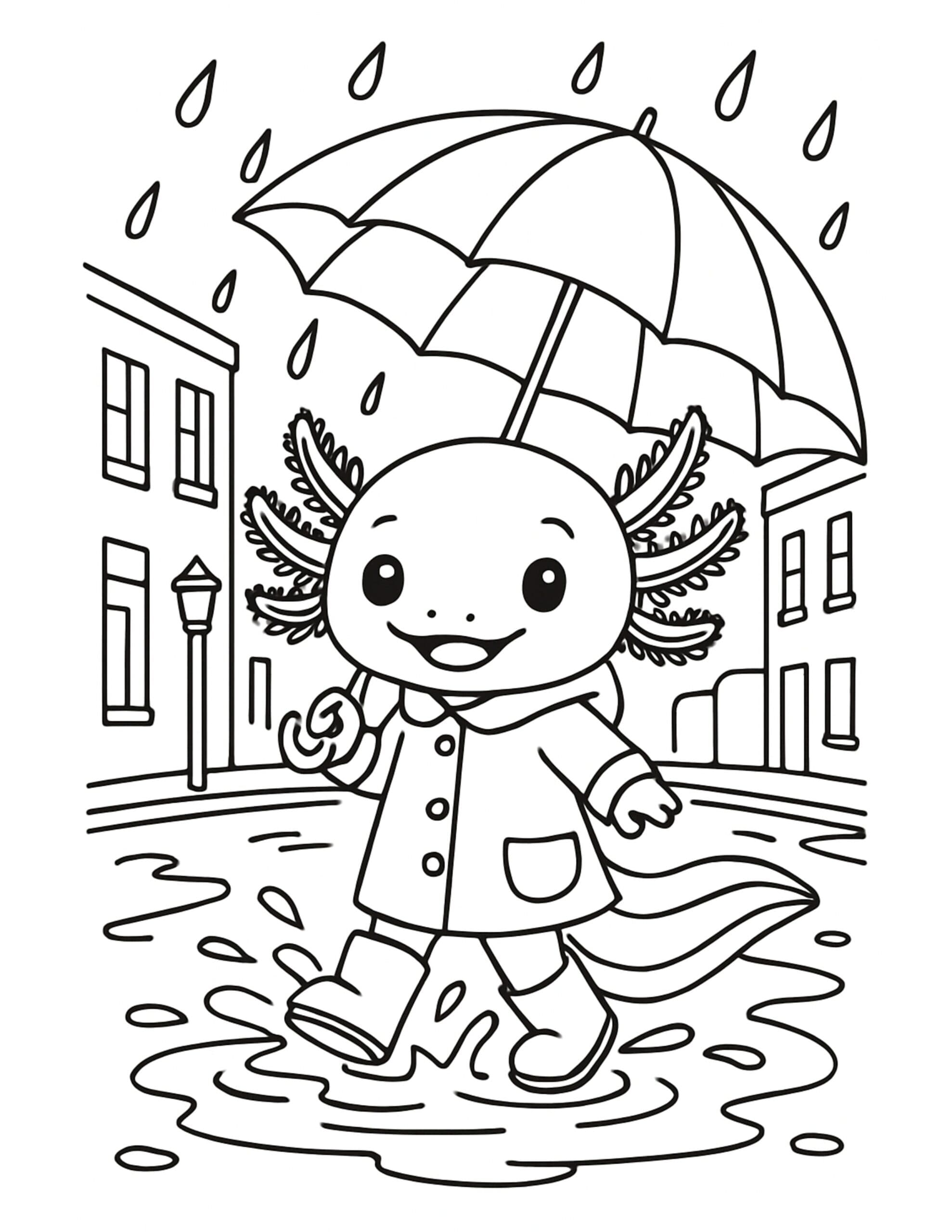 axolotl splashing puddles with umbrella coloring page, cute raincoat axolotl on a city street, coloring page