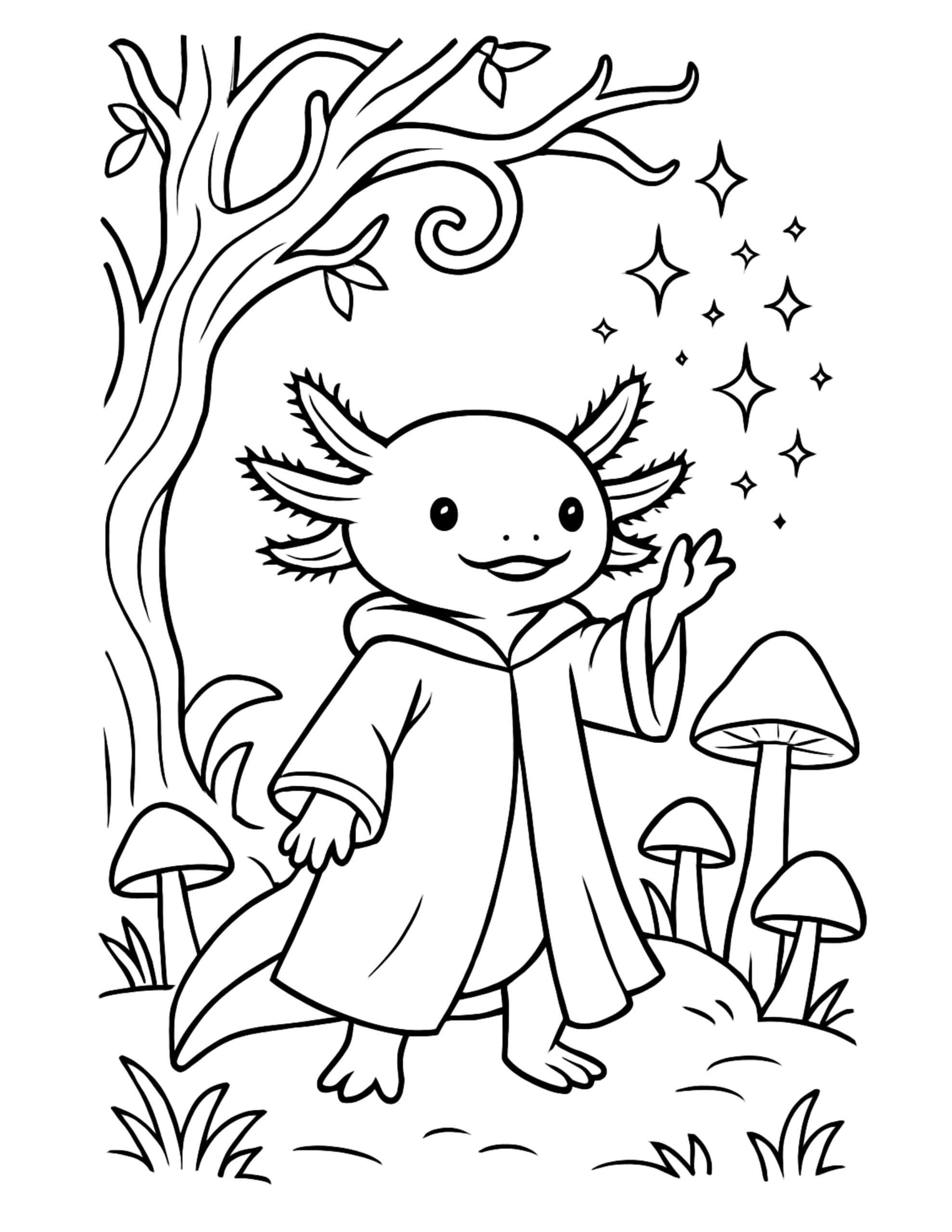 axolotl wizard waving sparkles coloring page with a cute robed axolotl, mushrooms, and starry magic coloring page