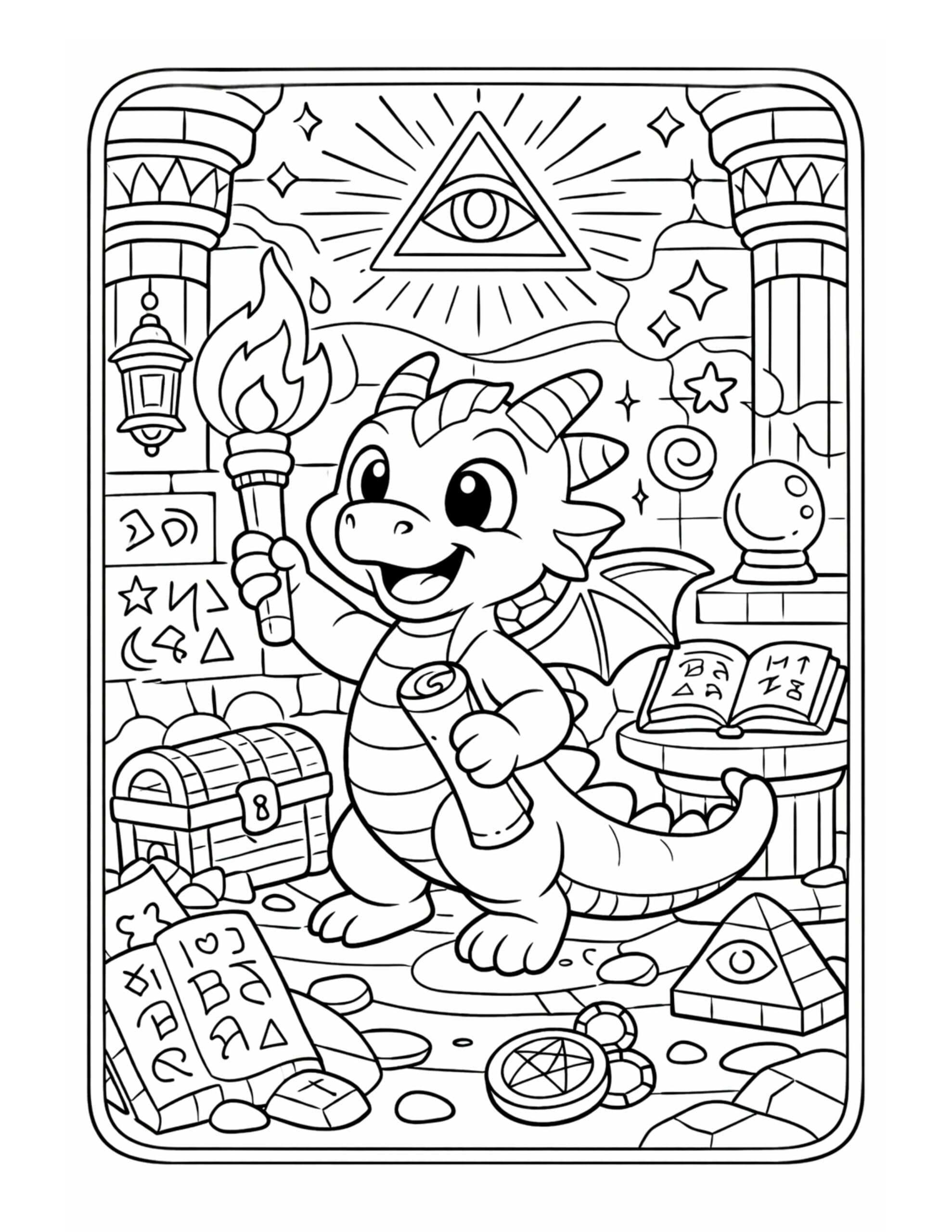 baby dragon holding a torch coloring page with a smiling dragon, torchlight, and mystical room details coloring page