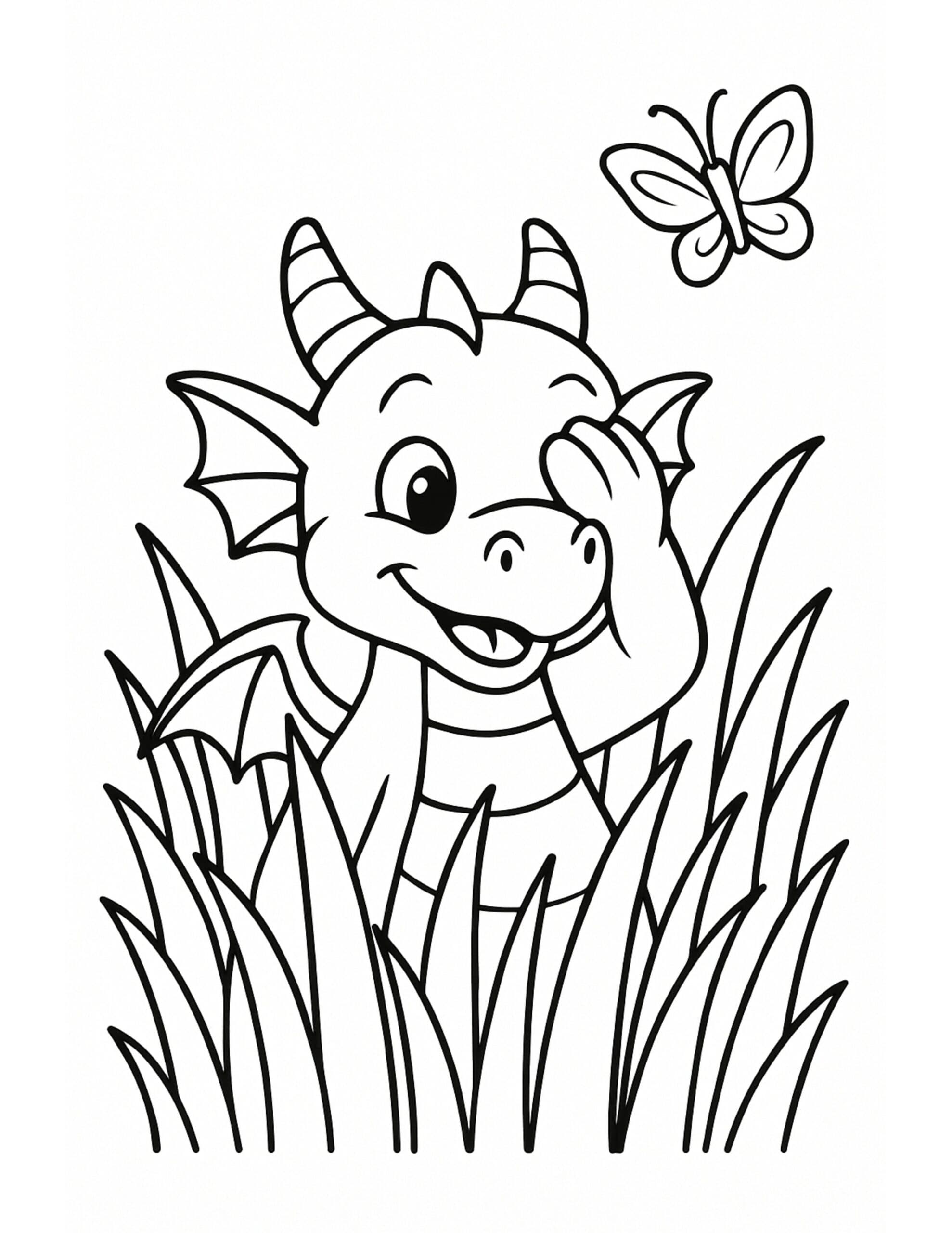 baby dragon peeking in grass coloring page, smiling dragon hiding among tall blades with a butterfly coloring page