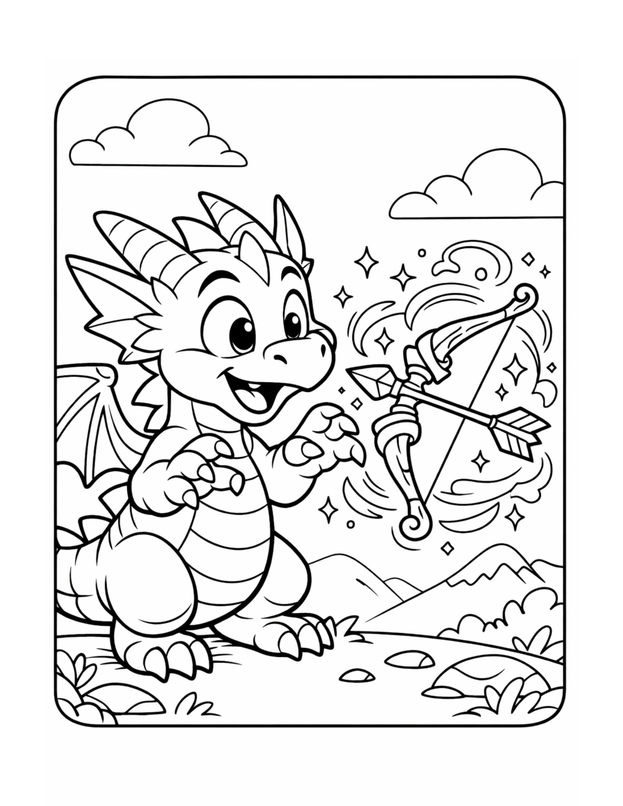 baby dragon watching magic bow coloring page with a smiling dragon and a floating bow and arrow with sparkles coloring page