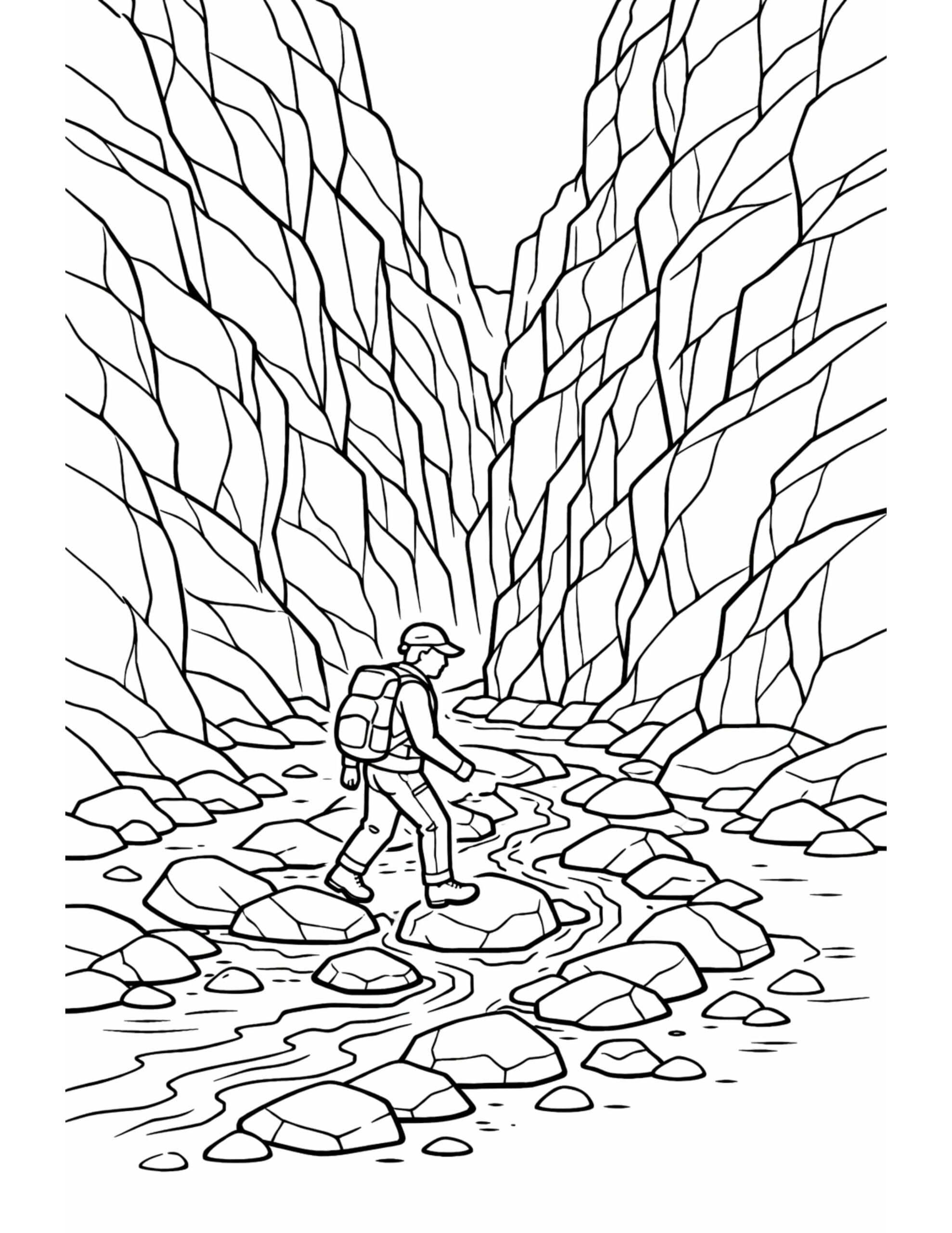 backpacker crossing rocky canyon stream coloring page showing a hiker stepping on stones between tall canyon walls