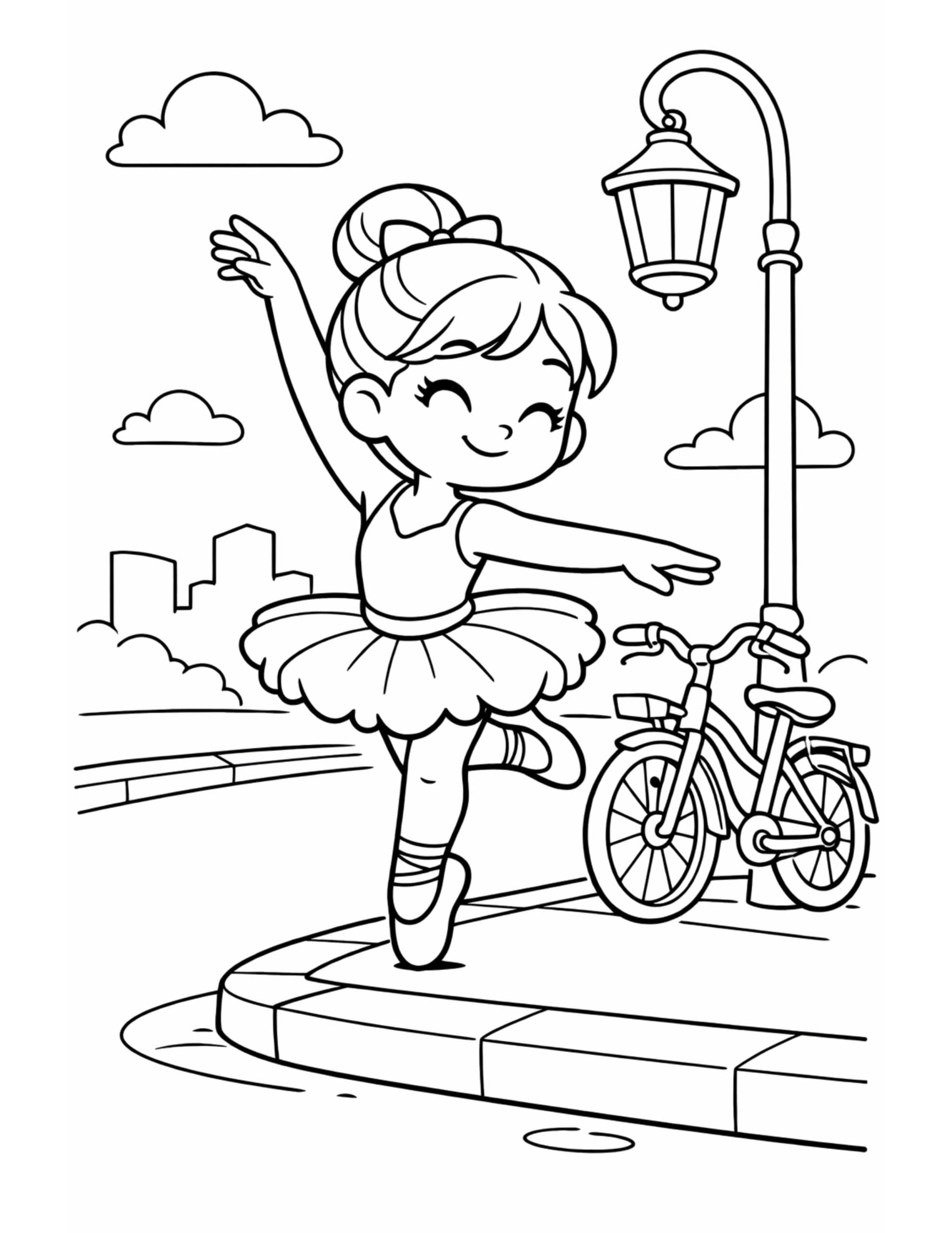 ballerina dancing by streetlamp coloring page, smiling dancer on a sidewalk near a bicycle and lamp post, coloring page