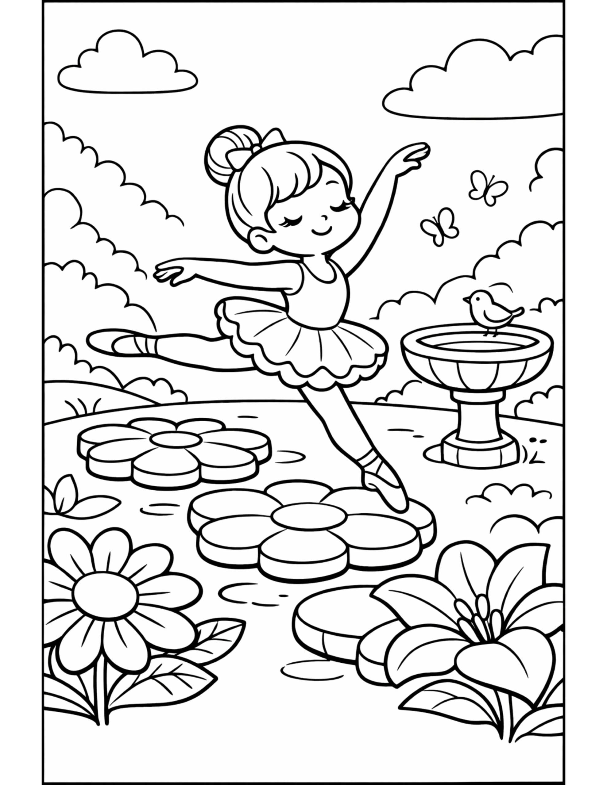 ballerina dancing in garden coloring page with butterflies, flowers, and a birdbath, line art coloring page