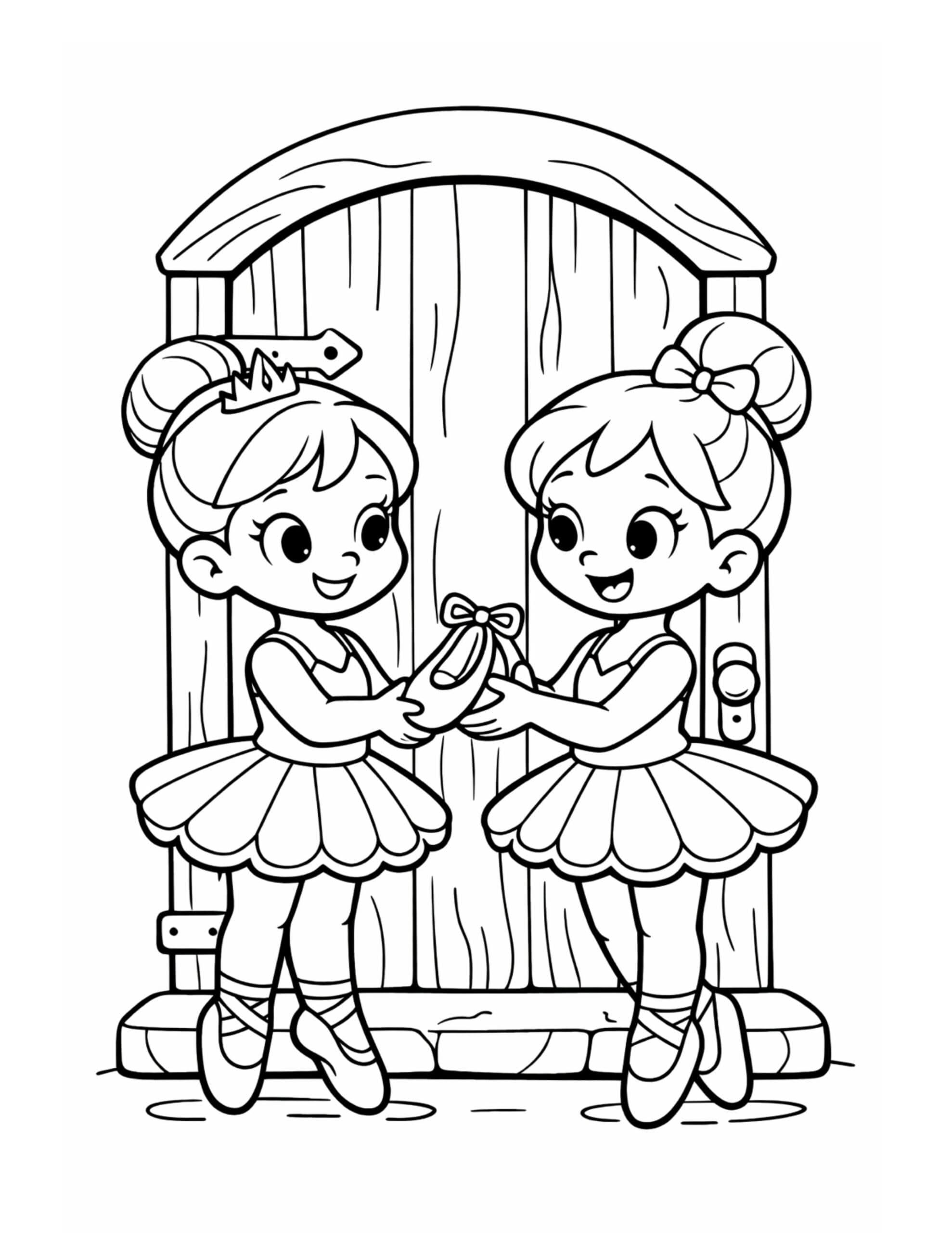 ballerina duo sharing a shoe coloring page, two ballerinas in tutus in front of a wooden door, coloring page