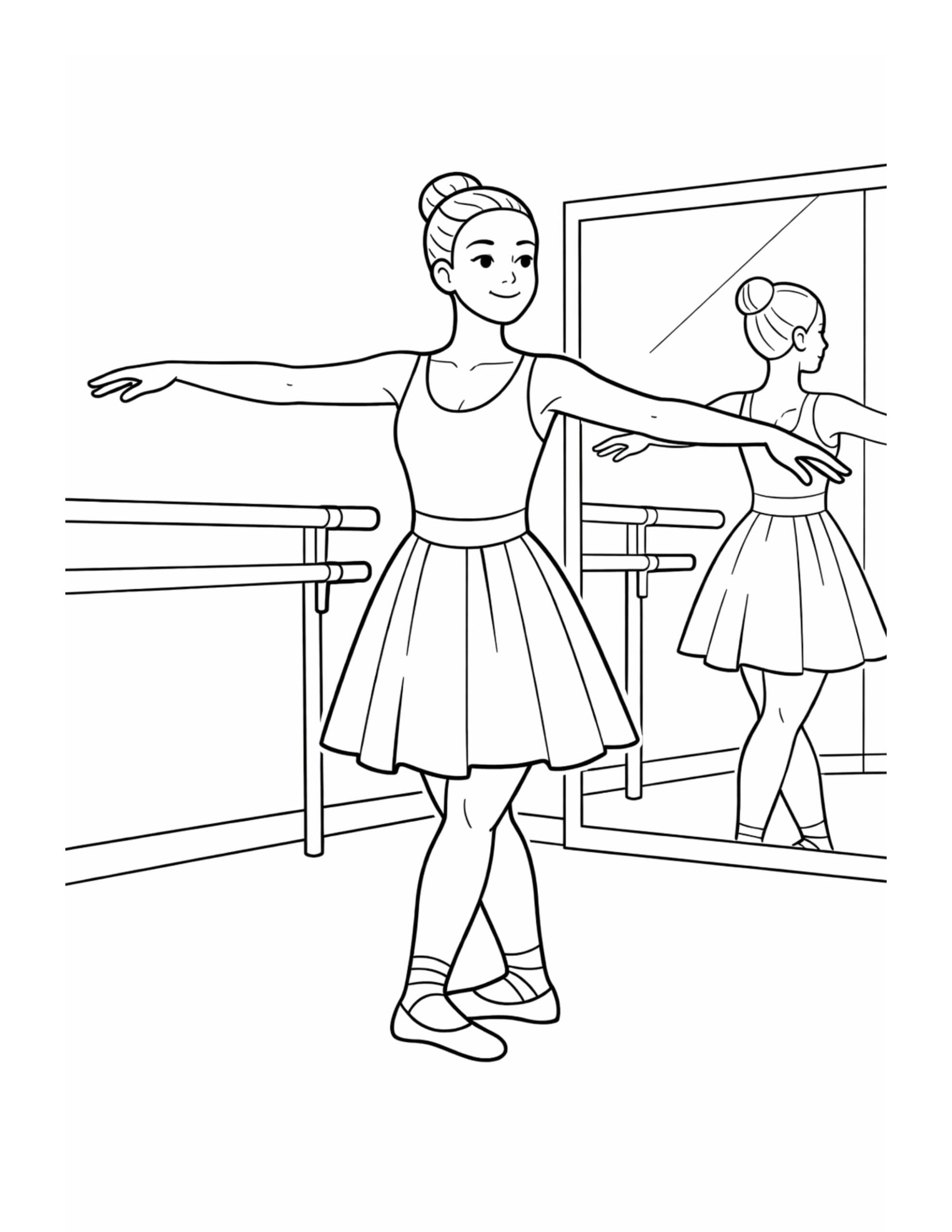 ballerina practicing at ballet barre coloring page with arms extended, mirror reflection, and studio barre