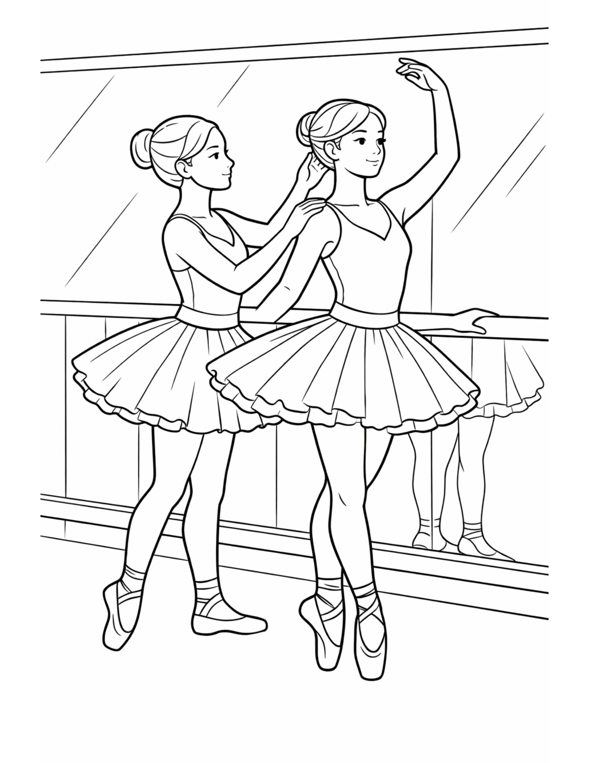 ballerinas adjusting hair at barre coloring page with two dancers by a studio mirror and barre coloring page