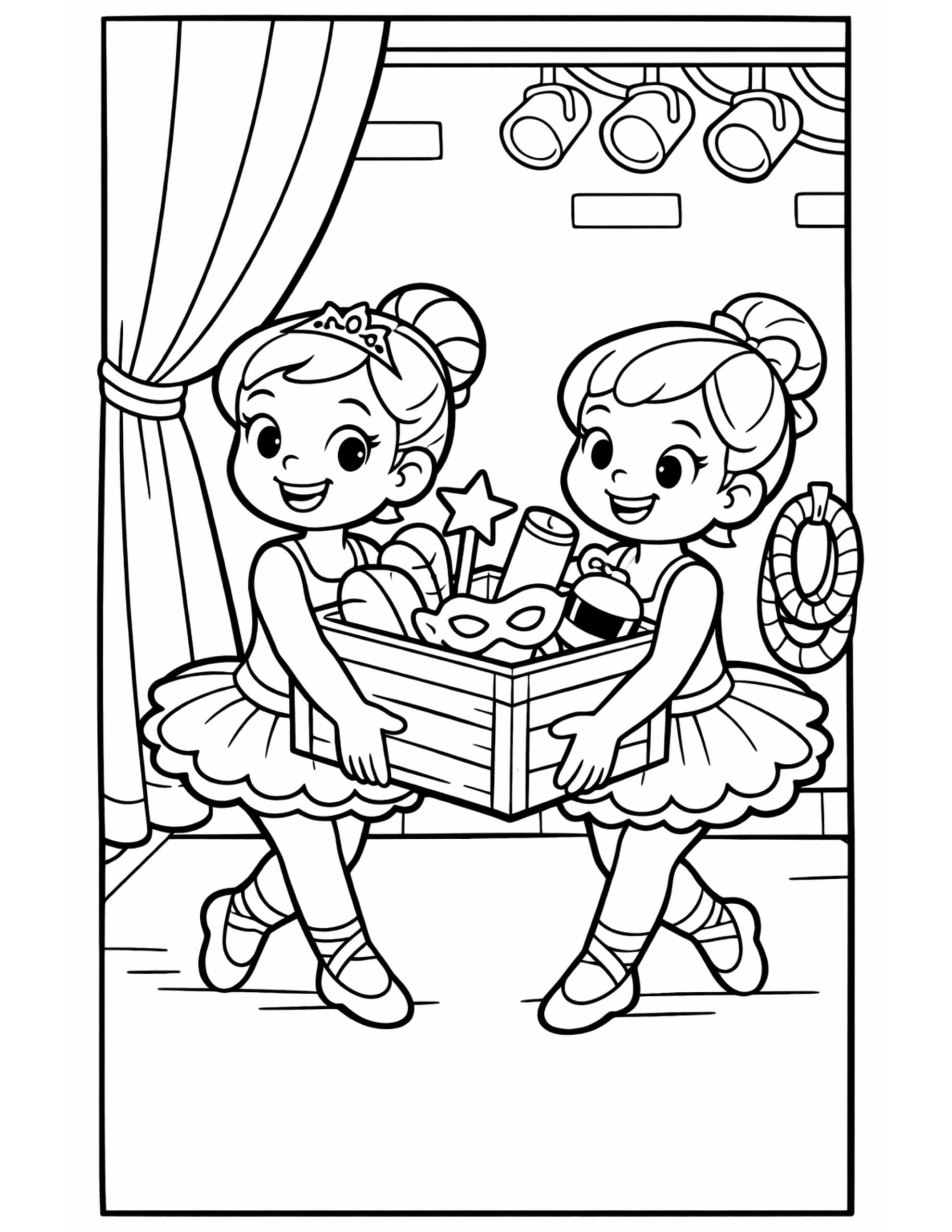 ballerinas carrying prop box coloring page with two ballerinas holding a crate of masks and props coloring page