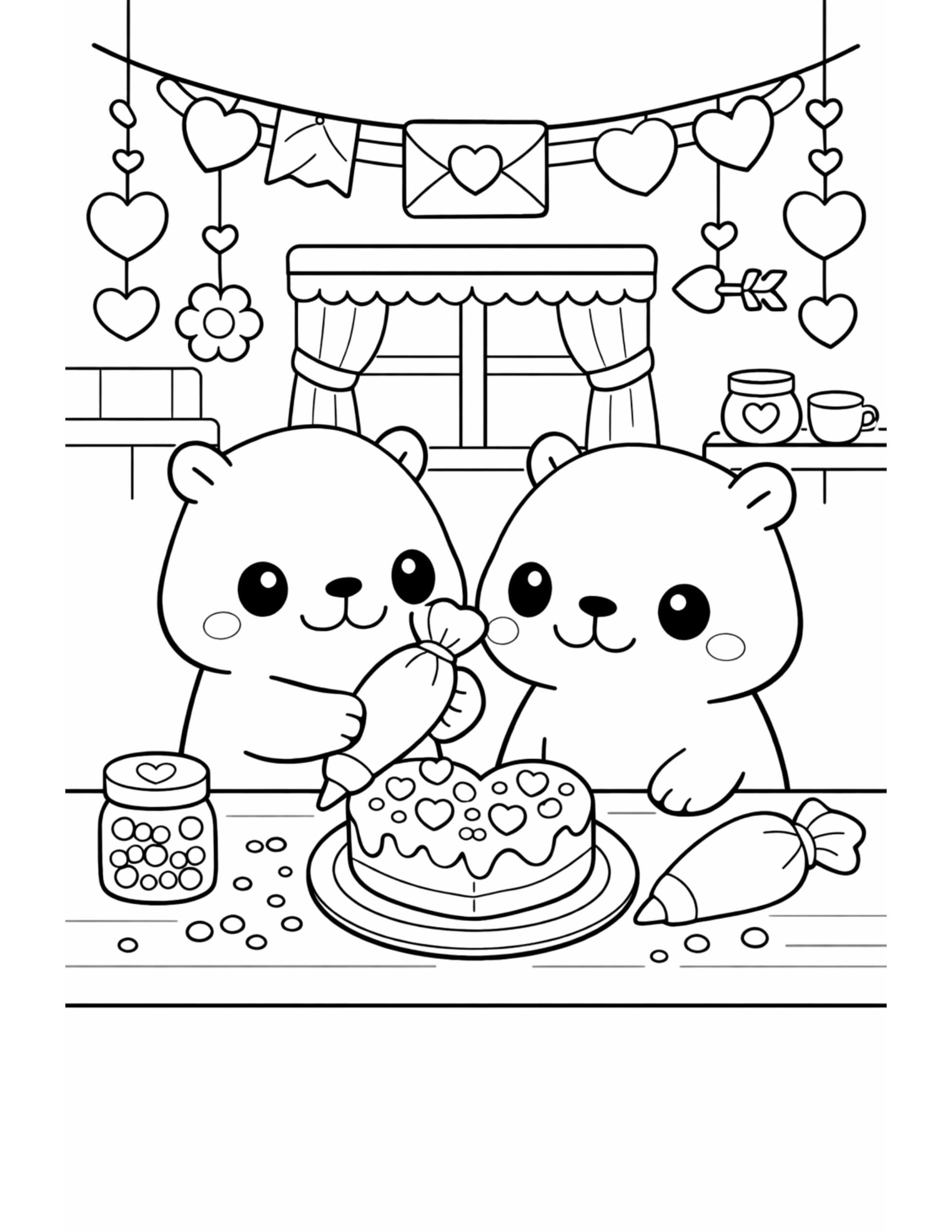 bears decorating heart cake coloring page, two cute bears piping icing onto a heart cake at a decorated table